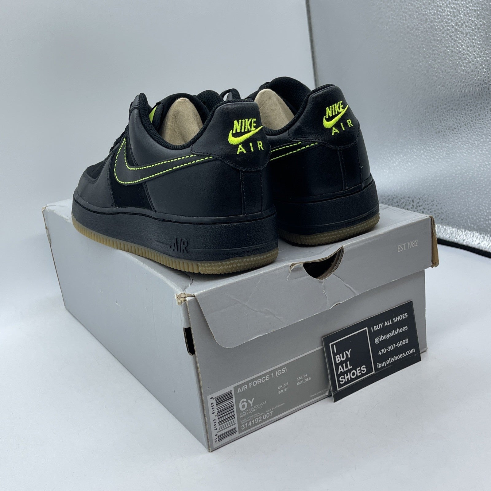 Size 6Y - Nike Air Force 1 Black Volt GS Kids Sneakers Neon Green (314192-007)