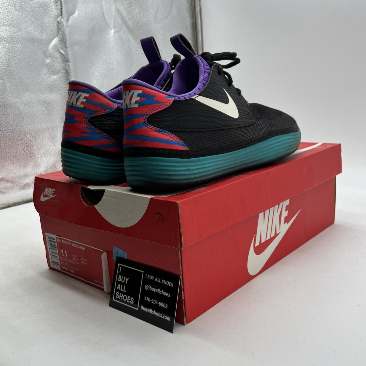 Size 11 - Nike Solarsoft Moccasin Black Turbo Green Purple (555301-015)