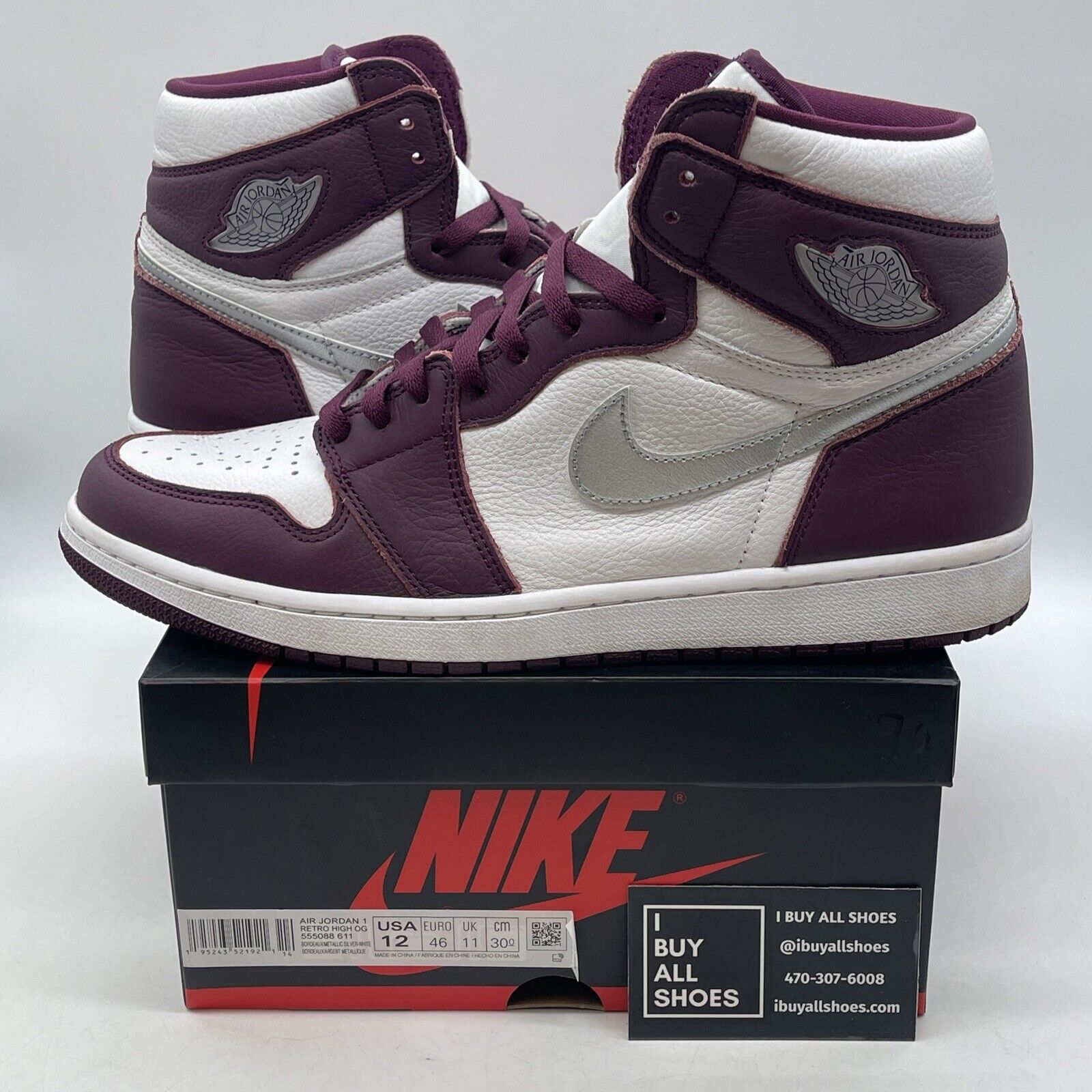 Size 12 - Jordan 1 Retro High OG Bordeaux Burgundy White Leather (555088-611)