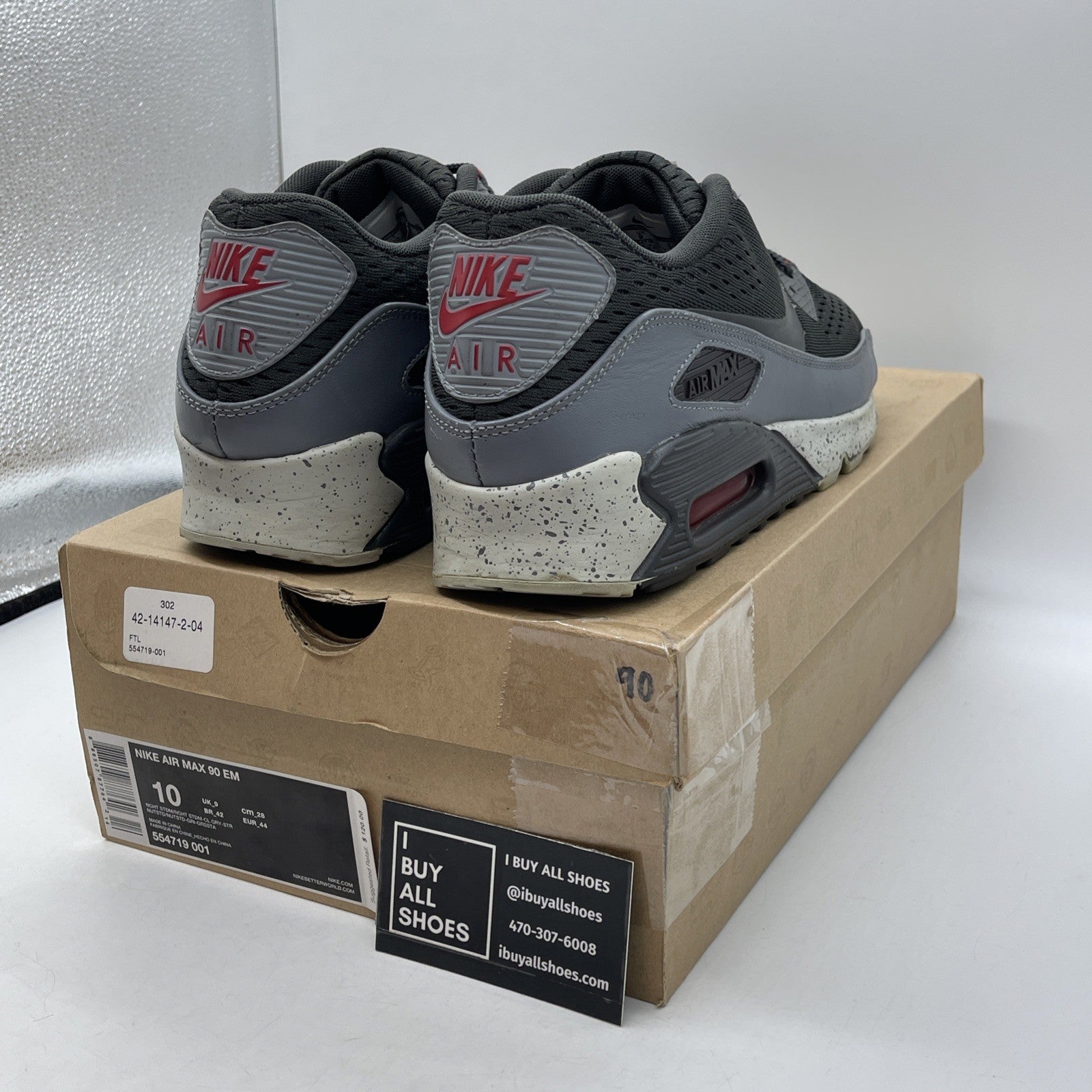 Size 10 - Nike Air Max 90 EM Black Grey Red Suede Leather (554719-001)