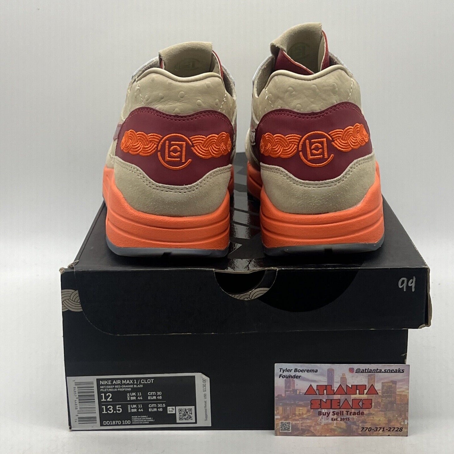 Size 12 - Nike CLOT x Air Max 1 2021 Kiss of Death Orange Red Suede (DD1870-100)
