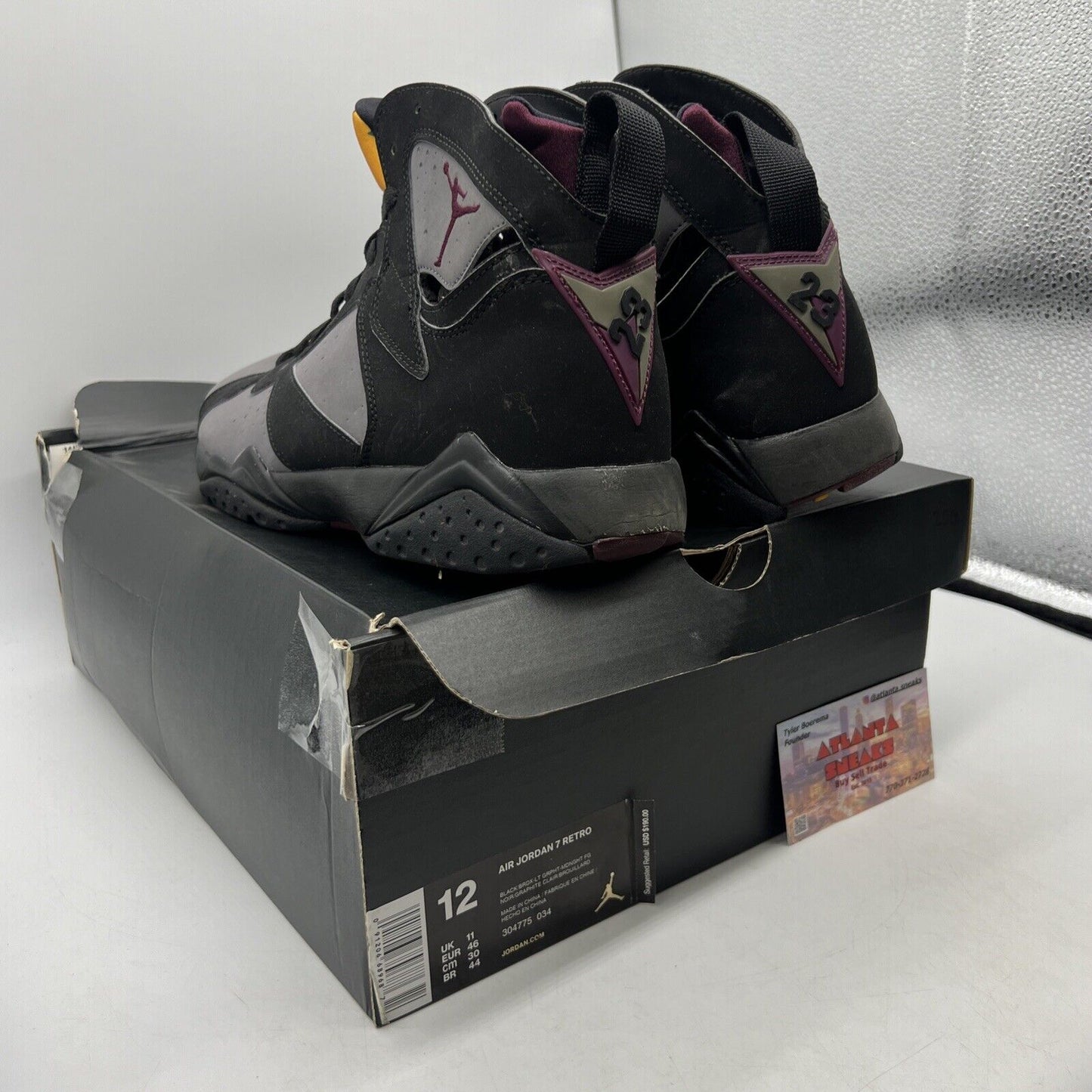 Size 12 - Jordan 7 Retro Bordeaux 2015 Black Grey Suede (304775-034)