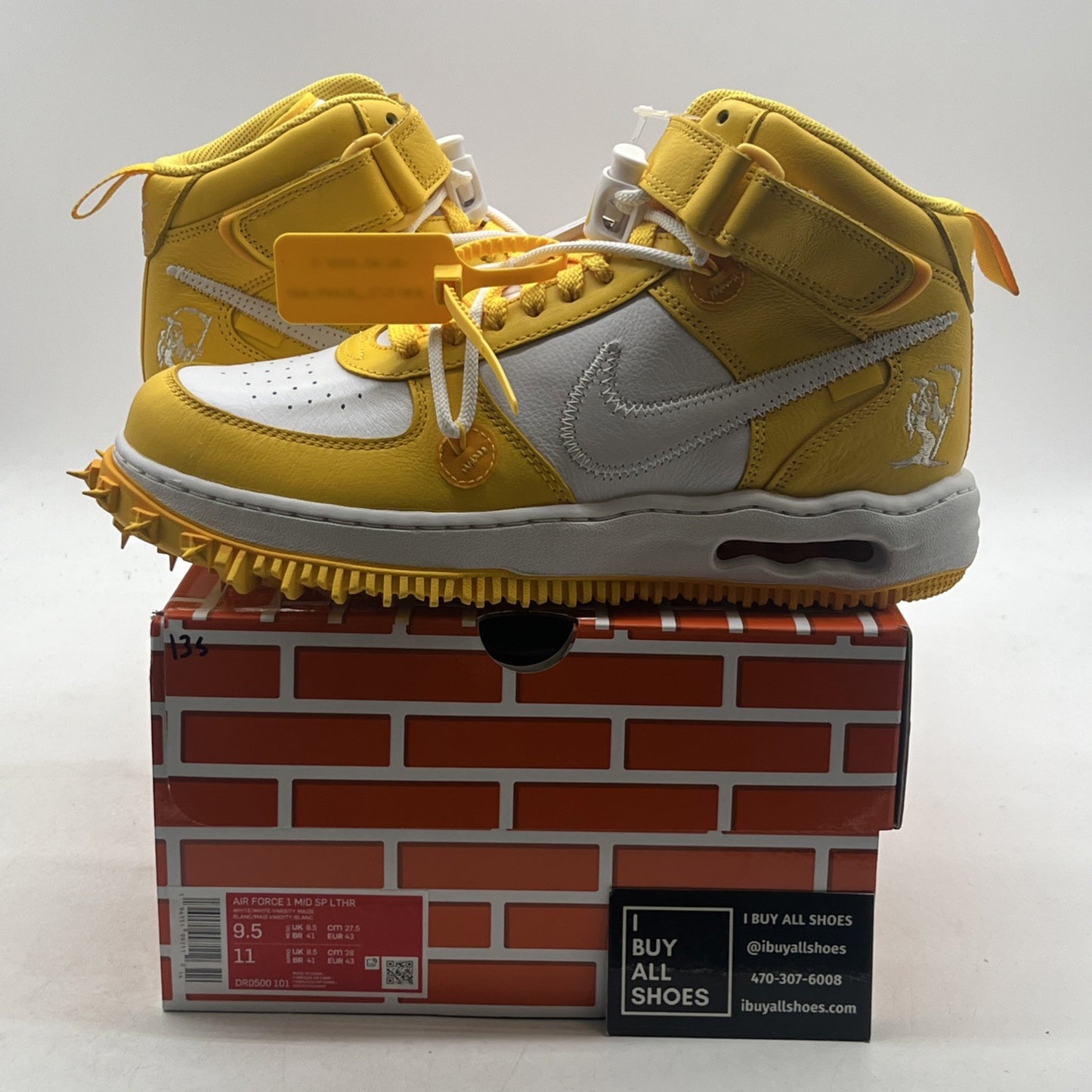 Size 9.5 -Nike Off-White x Air Force 1 SP Leather Mid Varsity Maize (DR0500-101)