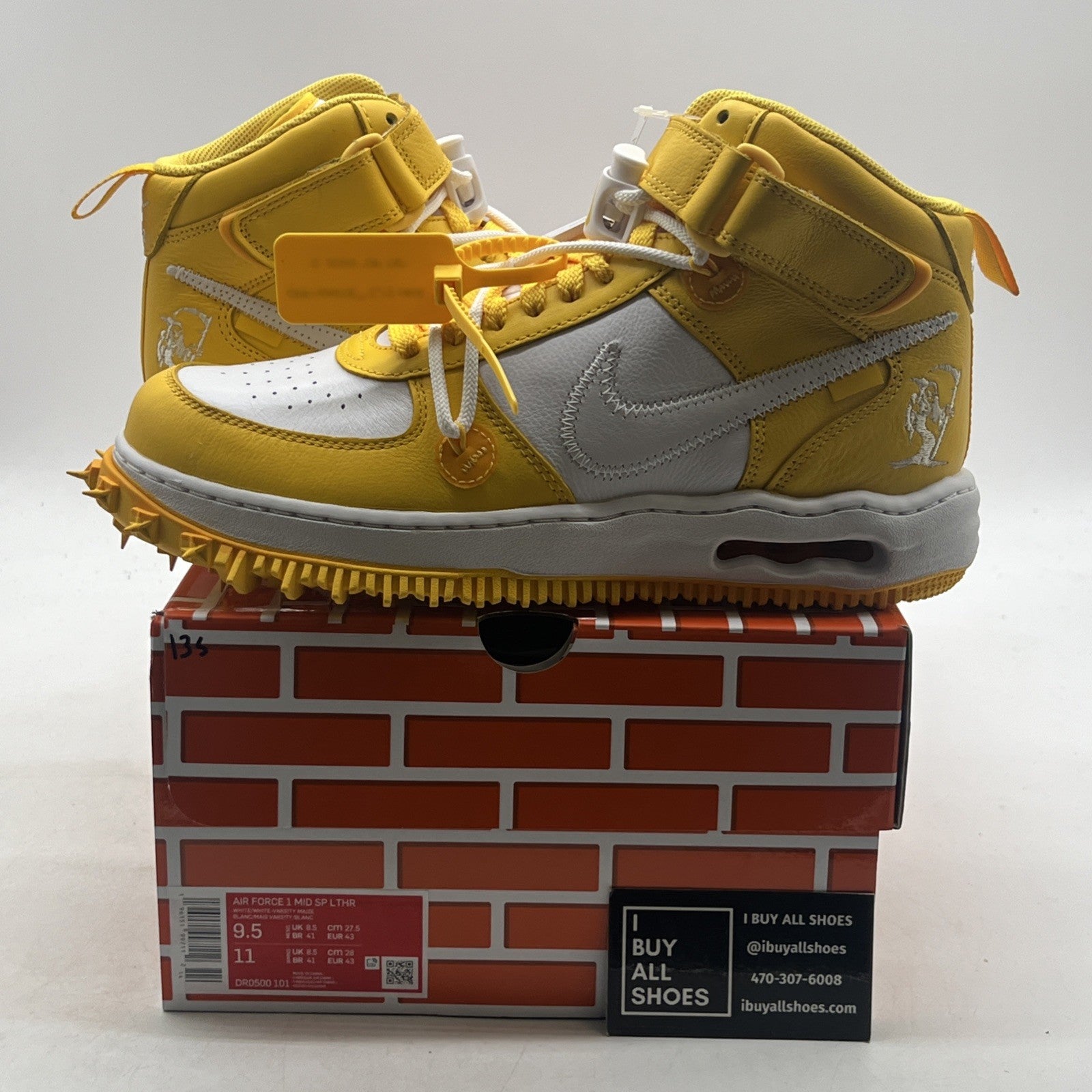 Size 9.5 -Nike Off-White x Air Force 1 SP Leather Mid Varsity Maize (DR0500-101)