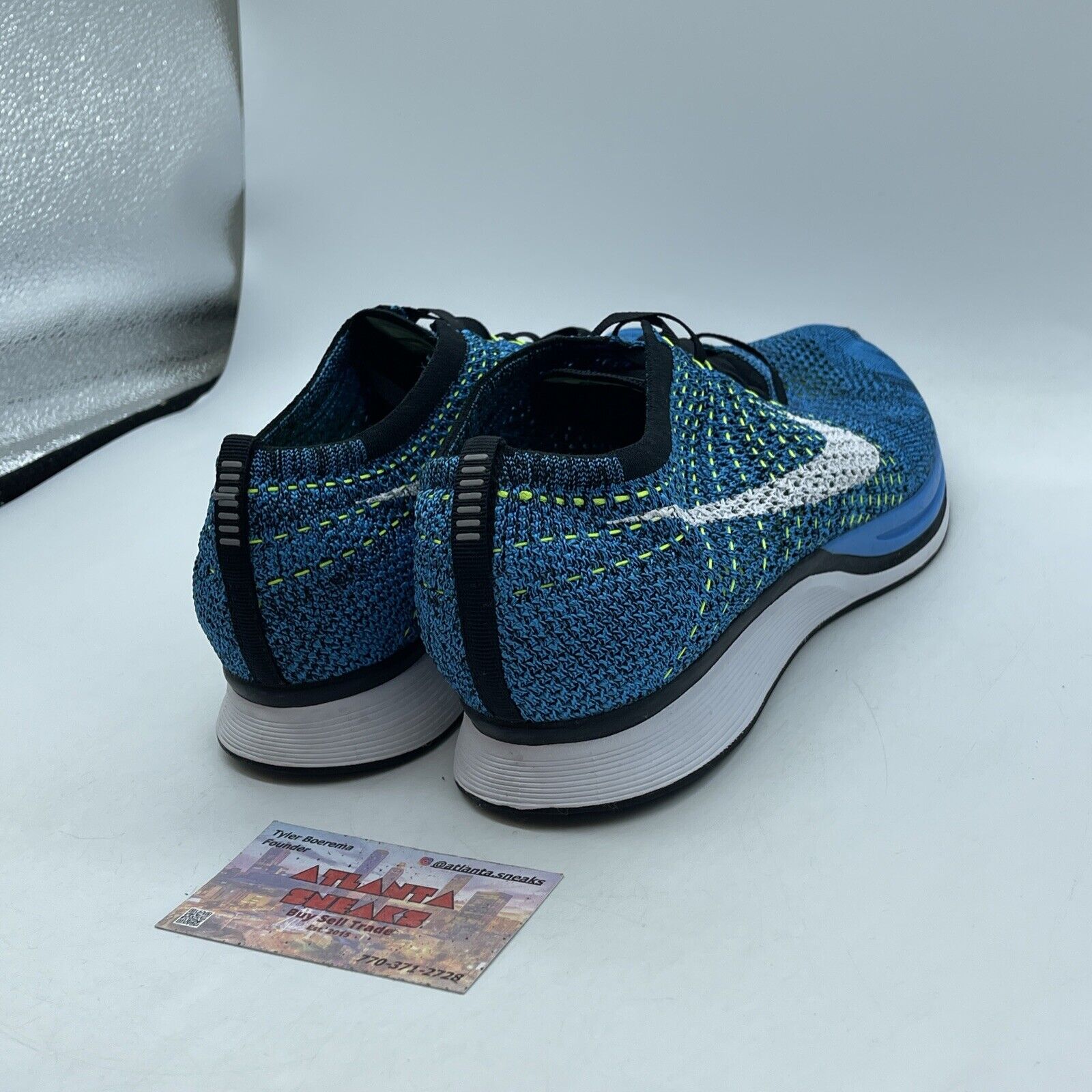 Size 11 - Nike Flyknit Racer Blue Glow White Black Suede Leather (526628-402)