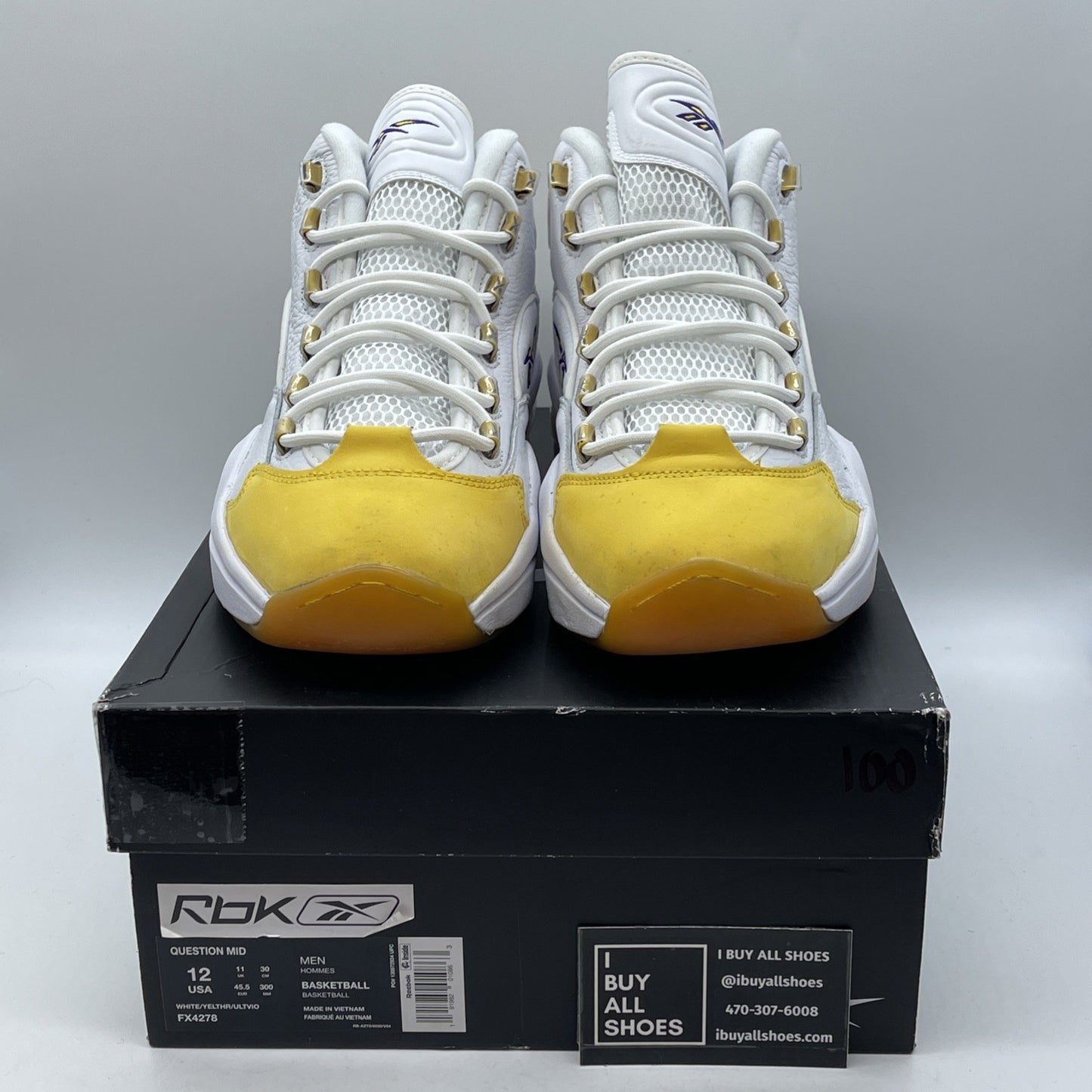 Size 12 - Reebok Question Mid Yellow Toe Purple White Suede Leather (FX4278)