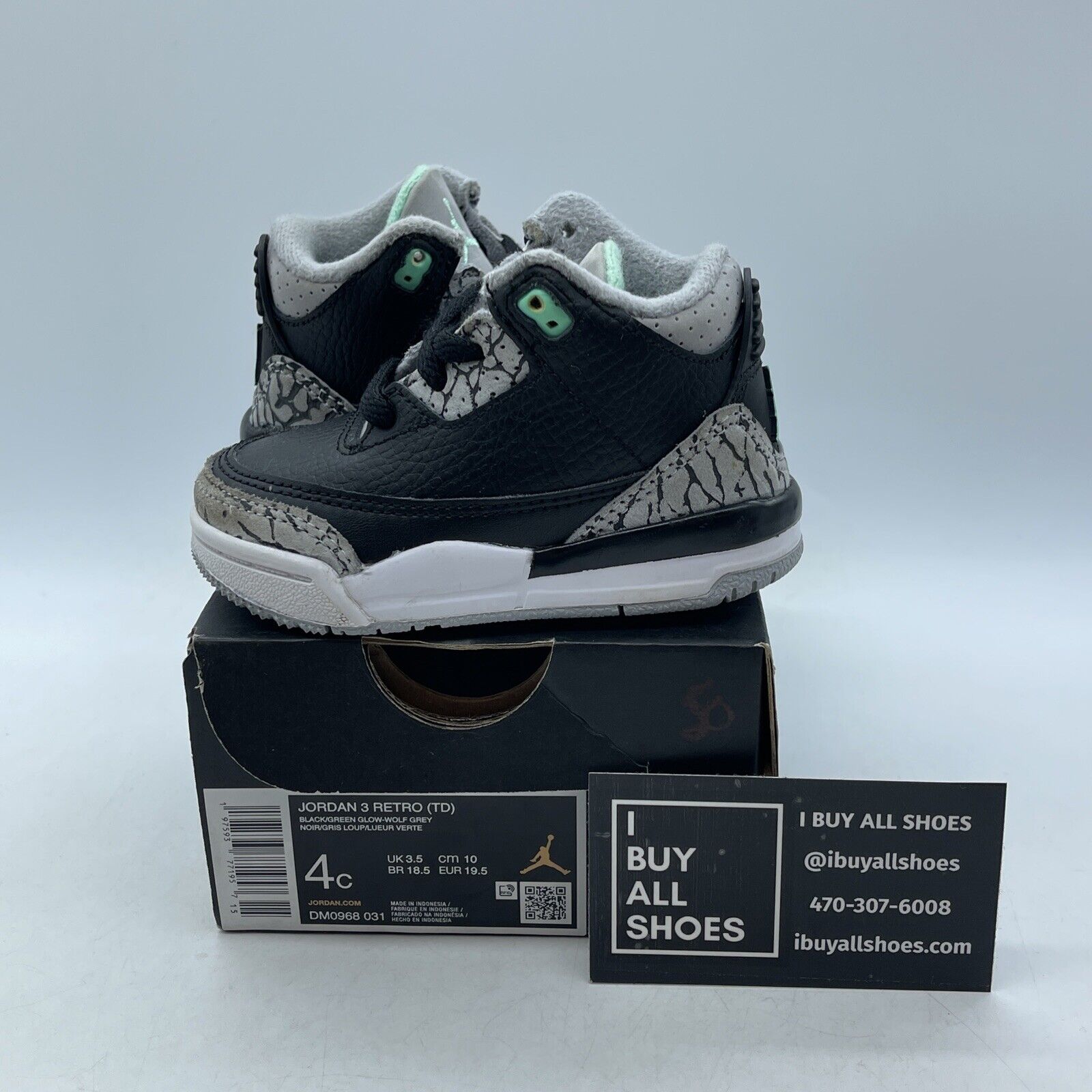 Size 4C - Toddler's Jordan 3 Retro Green Glow Grey Suede Leather (DM0968 031)