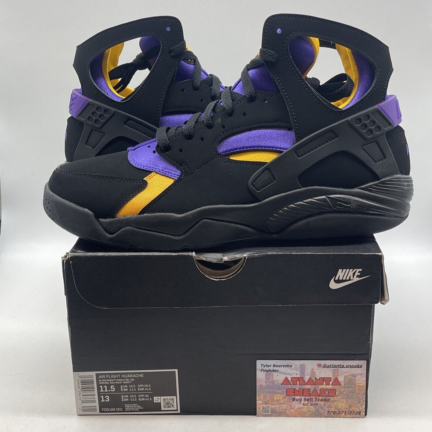 Size 11.5 - Nike Air Flight Huarache Lakers Away Black Suede Purple (FD0188-001)