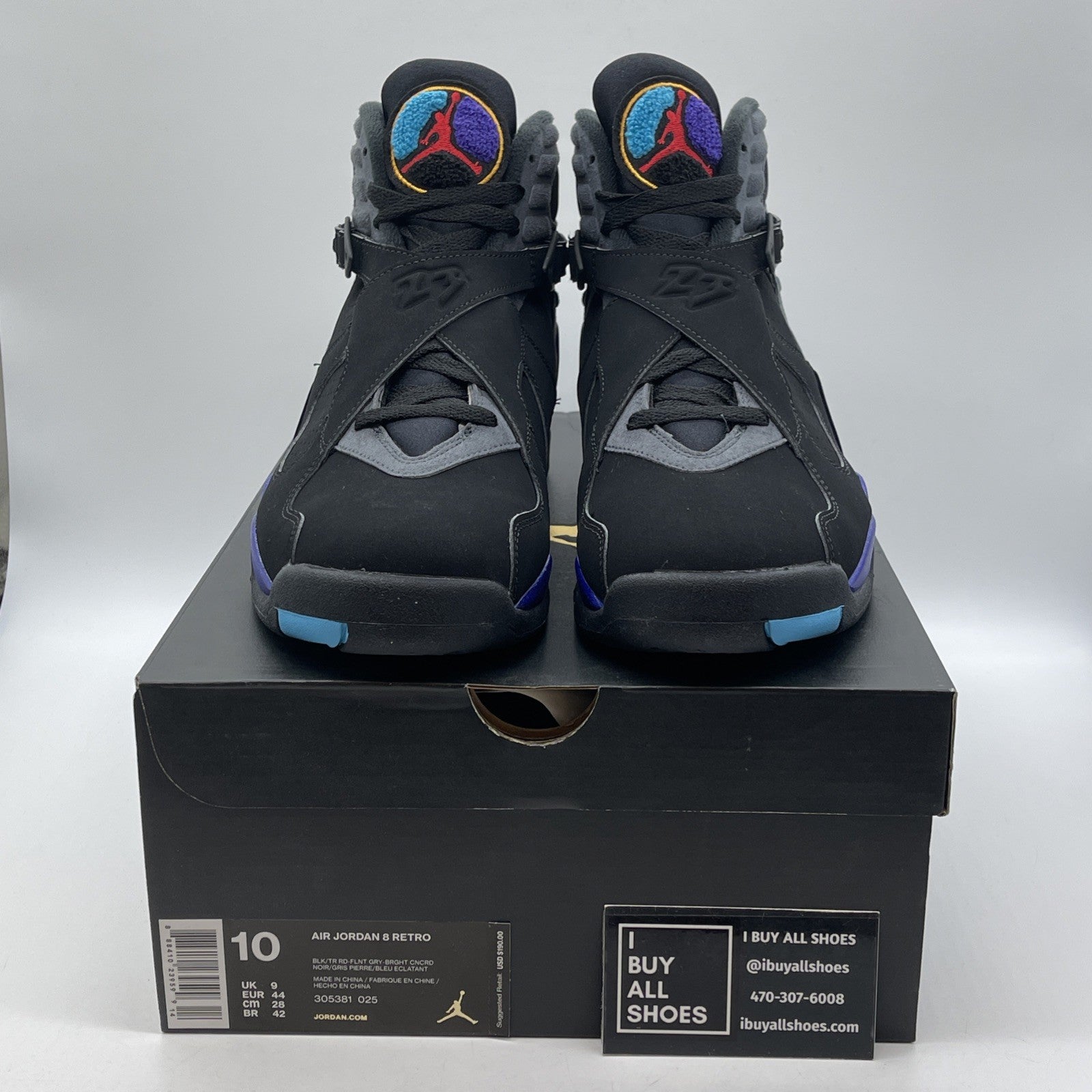 Size 10 - Jordan 8 Retro Aqua 2015 Black Grey Suede (305381-025)
