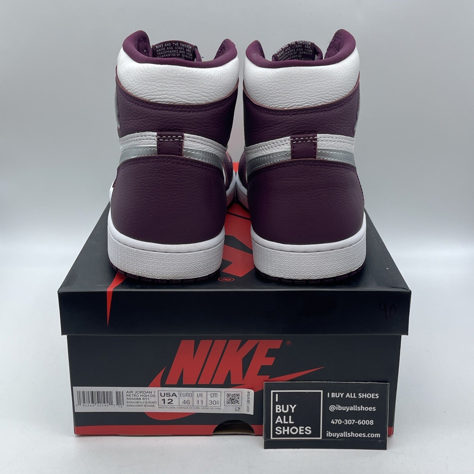 Size 12 - Jordan 1 Retro High OG Bordeaux Silver White Leather (555088-611)