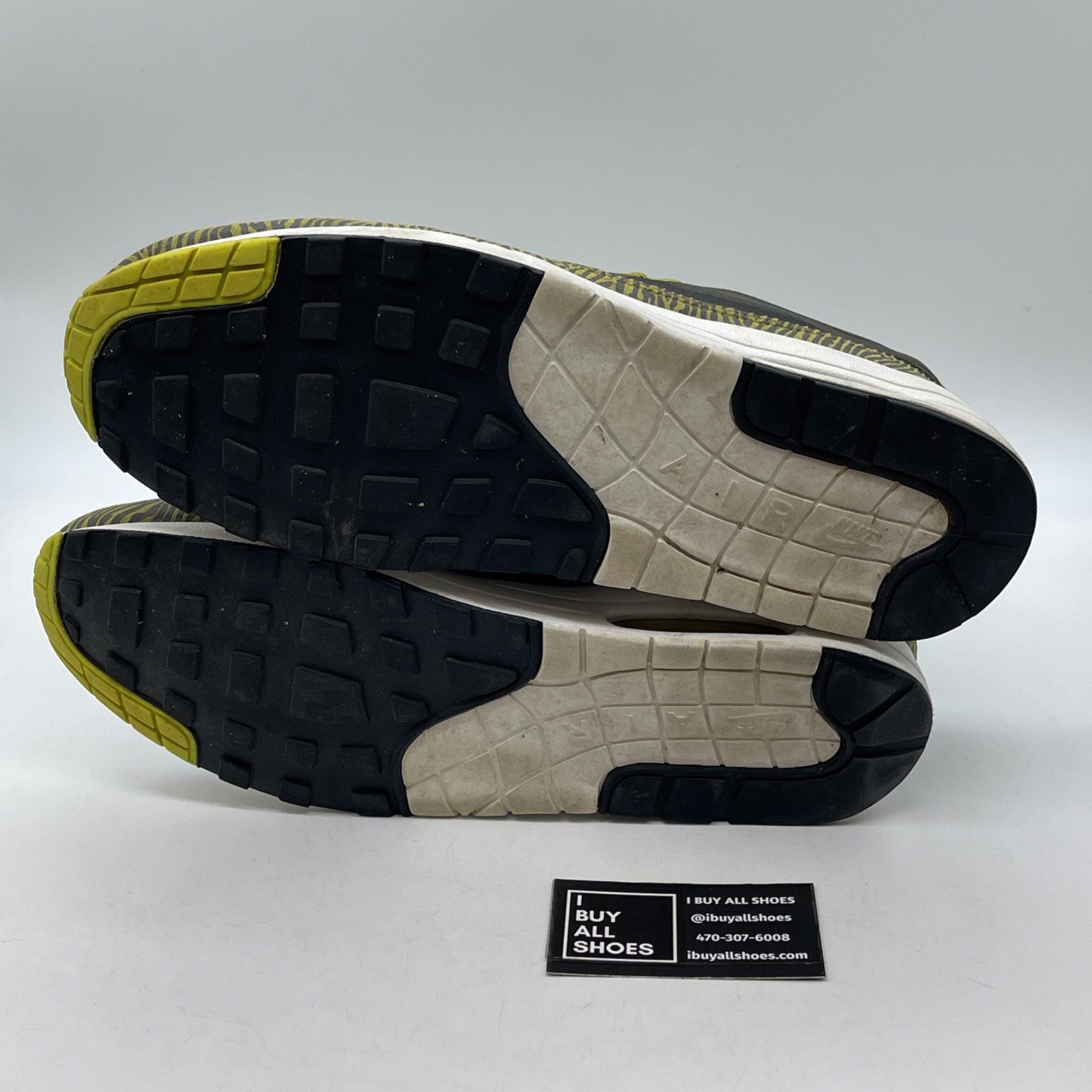 Size 13 - Nike Air Max 1 Premium Tape Yellow Zebra Grey Green (599514-007)
