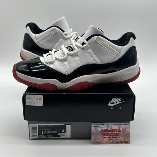 Size 11.5 - Jordan 11 Retro Low Concord-Bred White Black Red Soles Patent Leathe