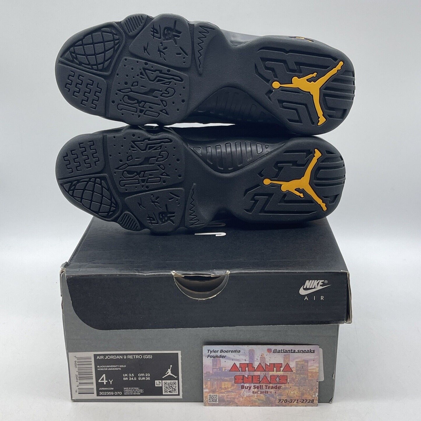 Size 4Y(GS) - Jordan 9 Retro Mid Dark Charcoal University Gold (302359-070)