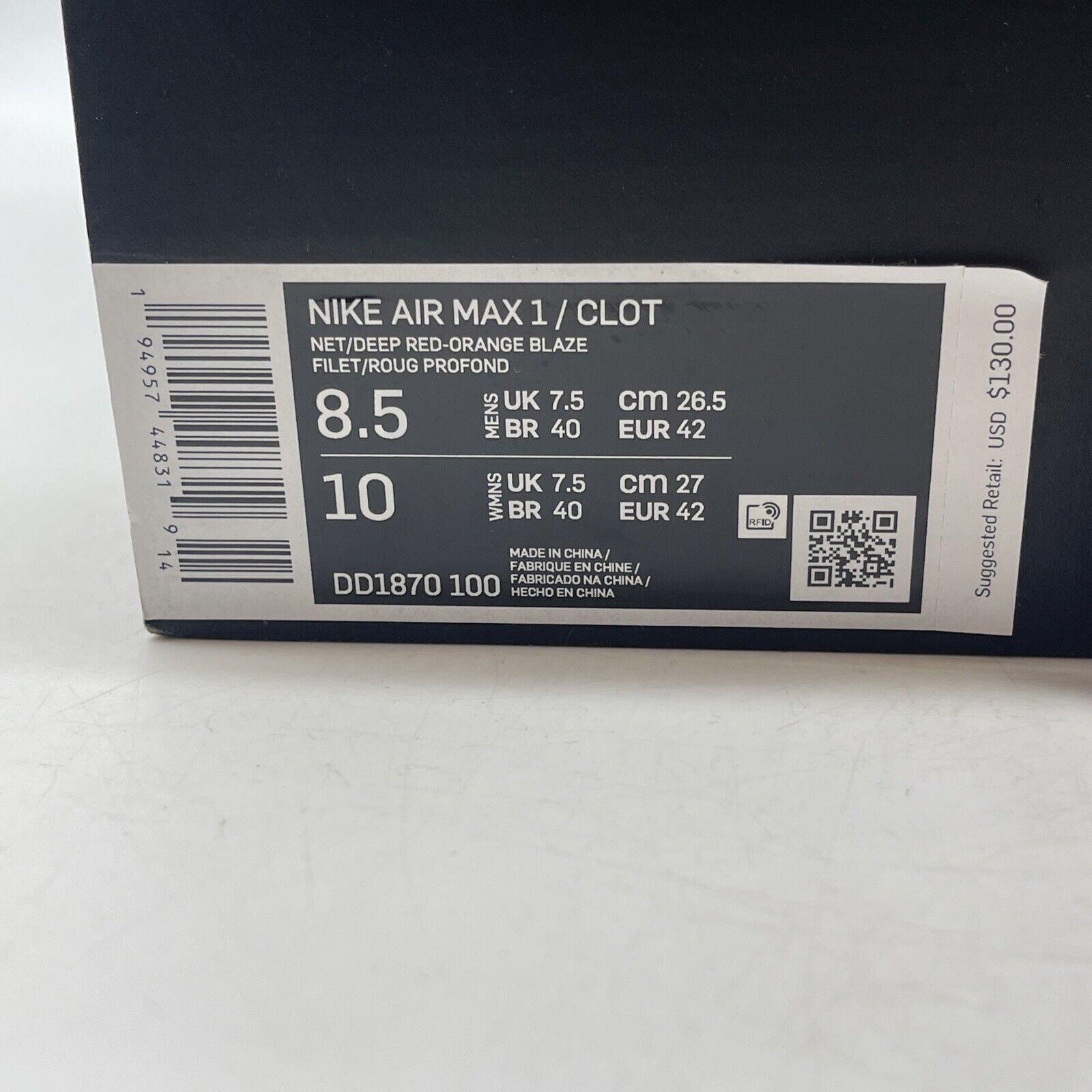 Size 8.5 - Nike CLOT x Air Max 1 2021 Kiss of Death Suede (DD1070-100)