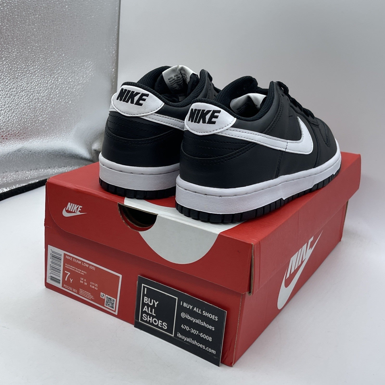 Size 7Y - Nike Dunk Low Black Panda 2.0 White Leather (FD1232-001)