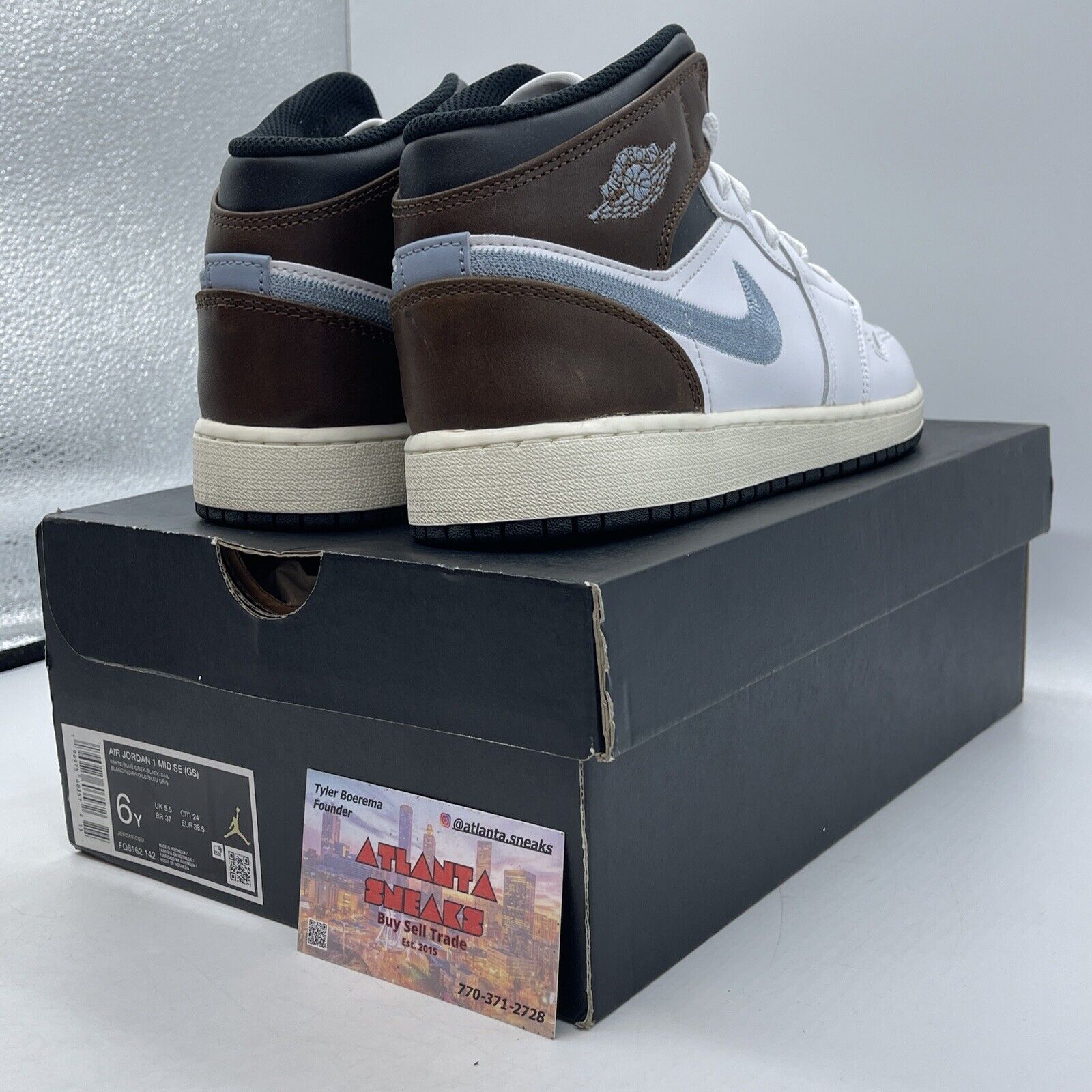 Size 6Y - AIR JORDAN 1 MID SE_WHITE BLUE GREY BLACK Brown Leather  (FQ8162-142)