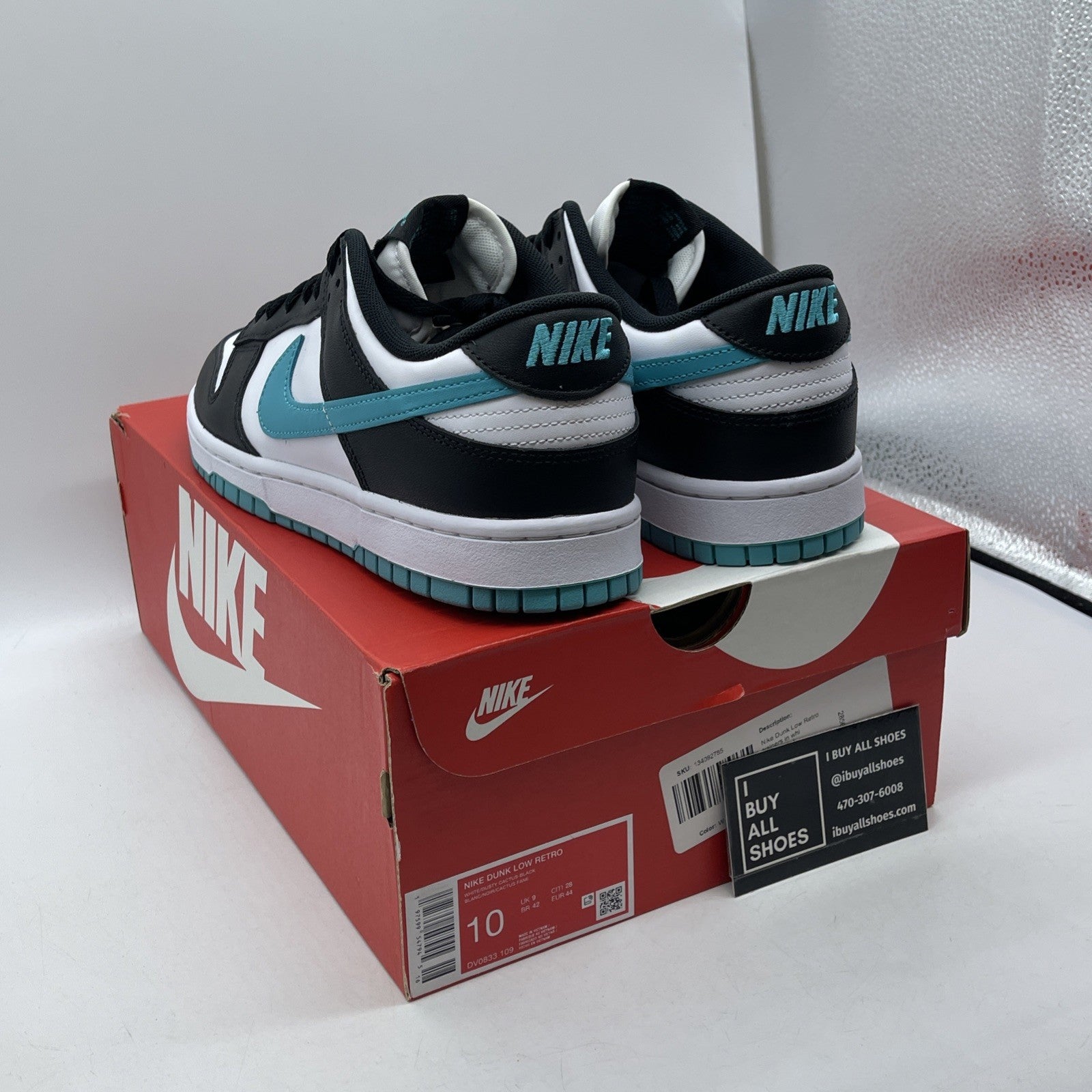 Size 10 - Nike Dunk Low Black Dusty Cactus Blue White Leather (DV0833-109)
