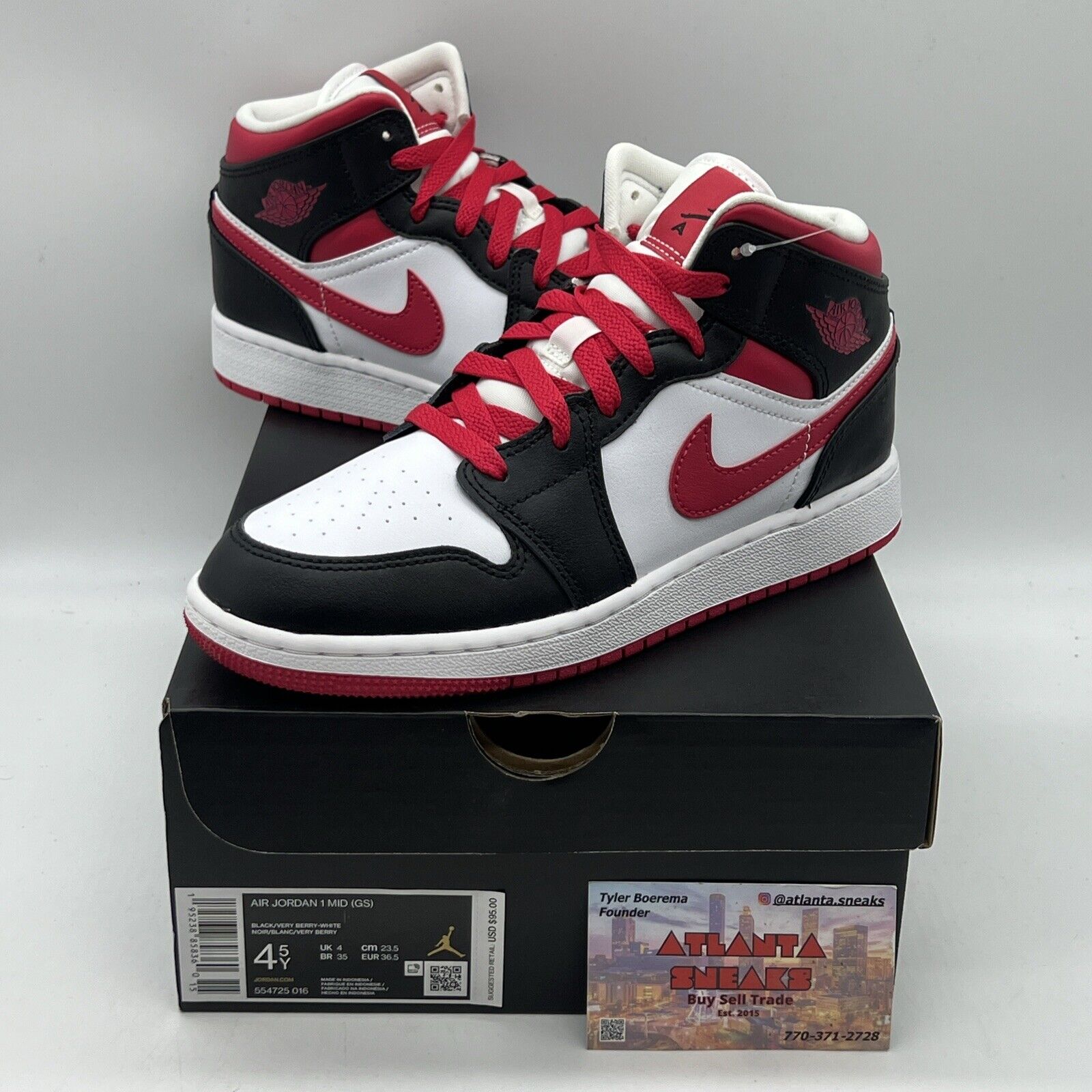 Air Jordan 1 Mid Very Berry Black White 554725-016 Size 4.5Y Brand New Og All DS