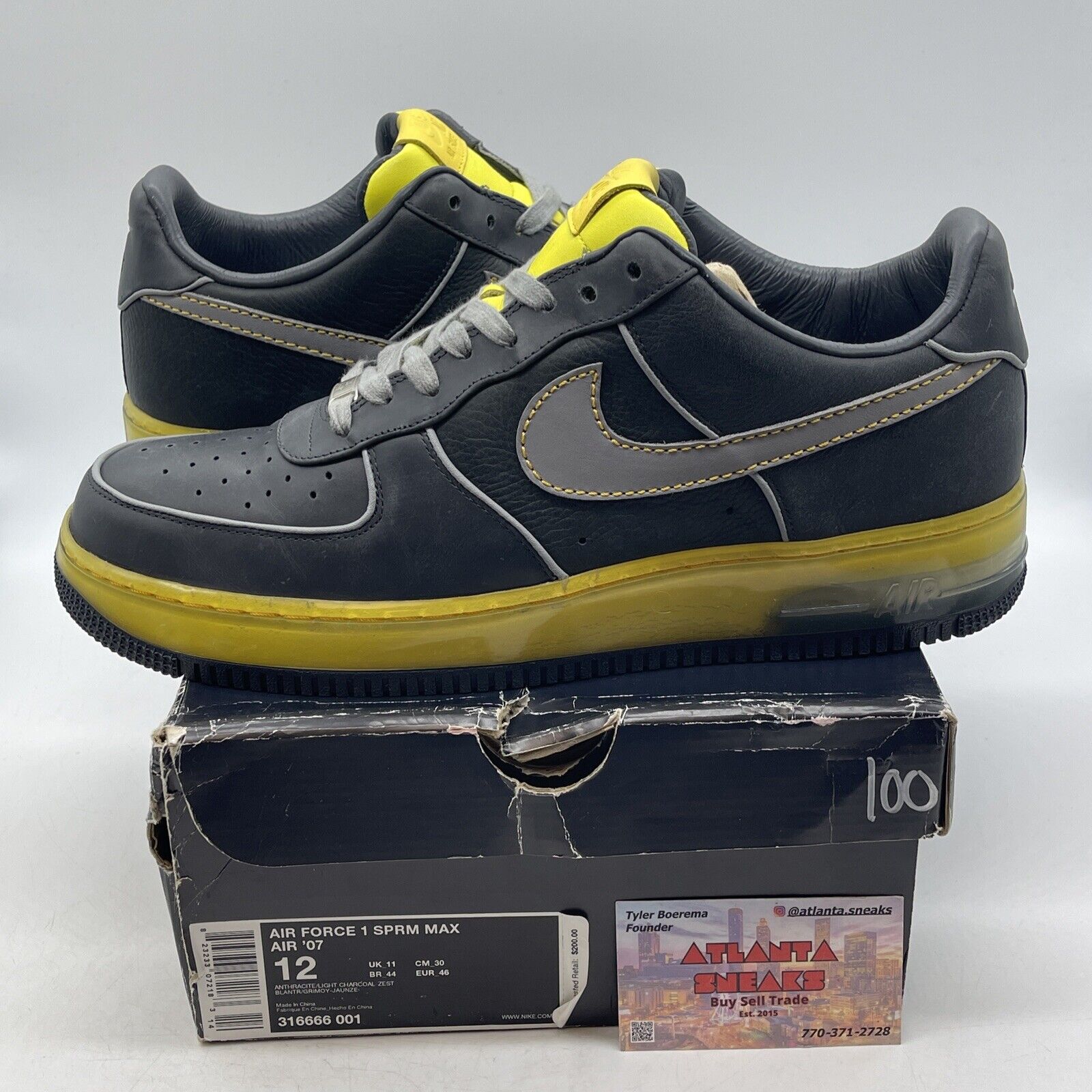 Size 12 - Nike Air Force 1 Supreme Max Air 07 Charcoal Zest Yellow (316666-001)