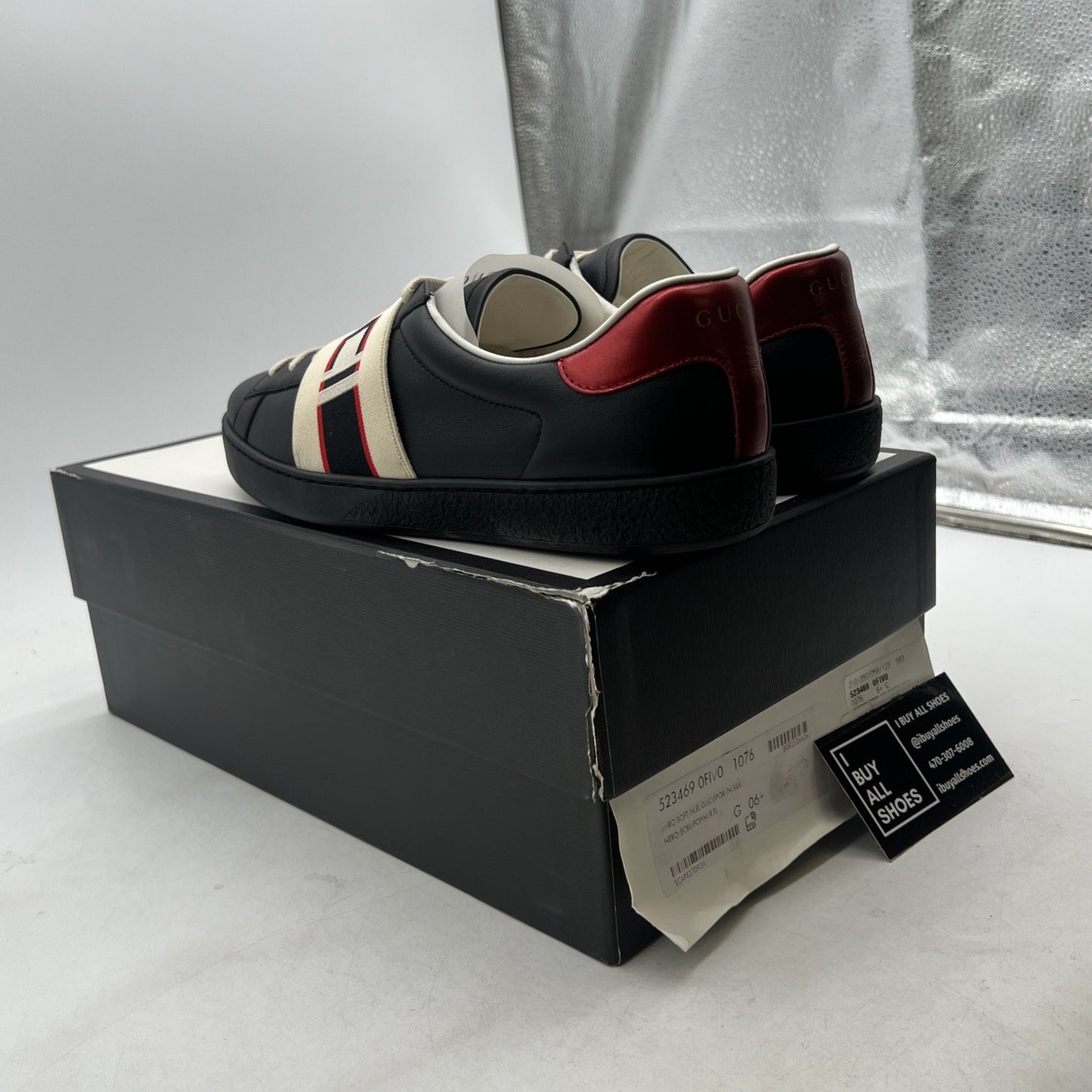 Size 6.5G - Gucci Ace Stripe Sneakers Black Leather