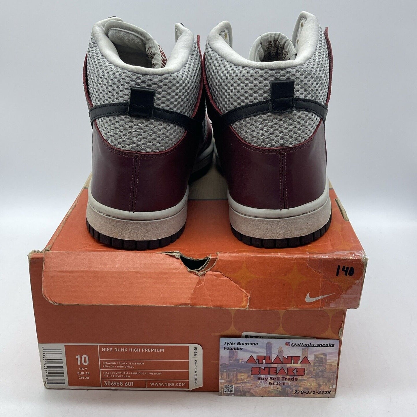 Size 10 - Nike Dunk Premium High Red grey Burgundy Leather Suede (306968-601)