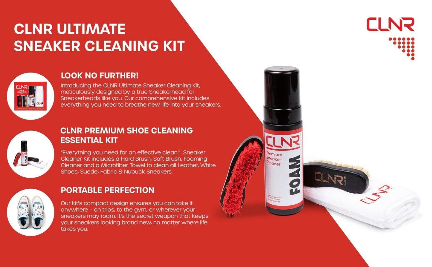 CLNR Sneaker Cleaning Kit 4 Piece Foaming Cleaner, Brushes & Towel for All Shoes