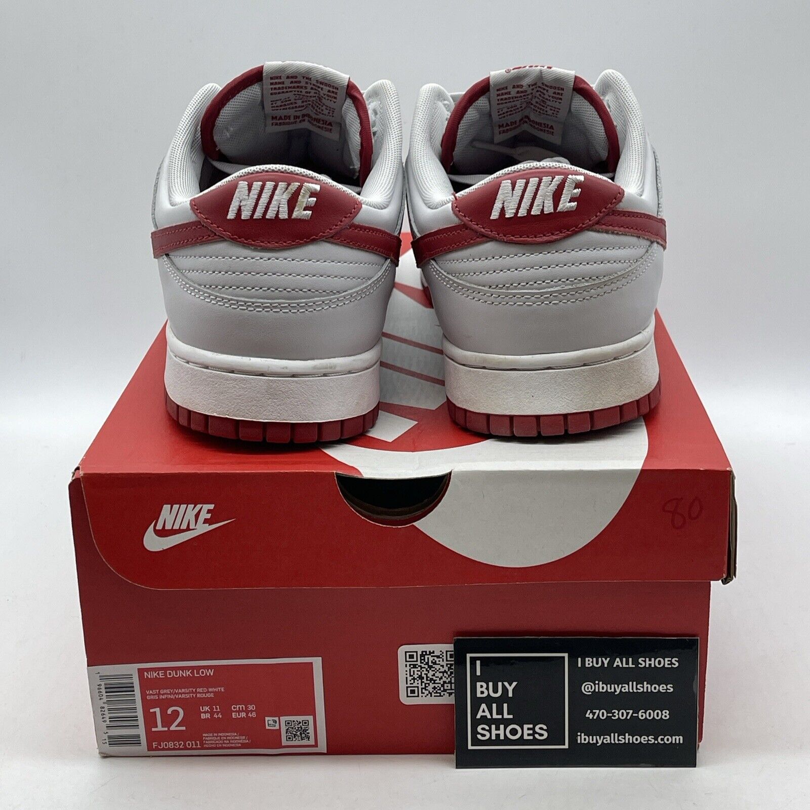 Size 12 - Dunk Low Vast Grey Varsity Red White Leather (FJ0832-011)