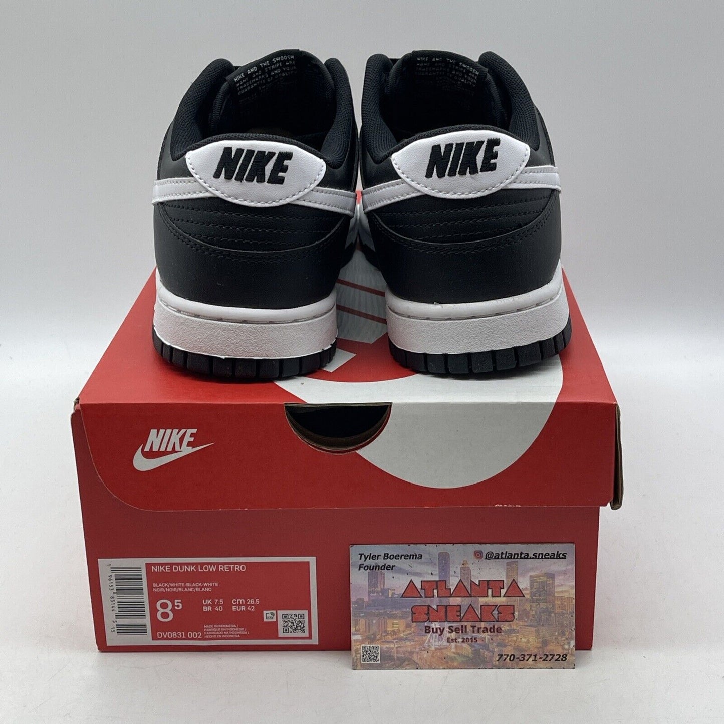 Size 8.5 - Nike Dunk Low Black Panda 2.0 White Leather (DV0831-002)