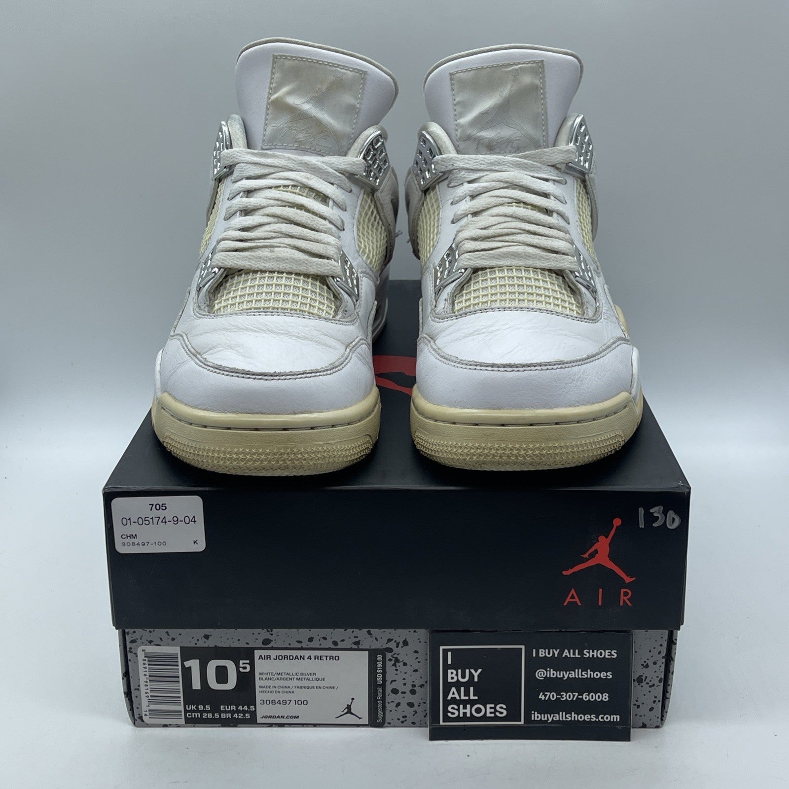 Size 10.5 - Jordan 4 Retro Mid Pure Money White Silver Leather (308497-100)