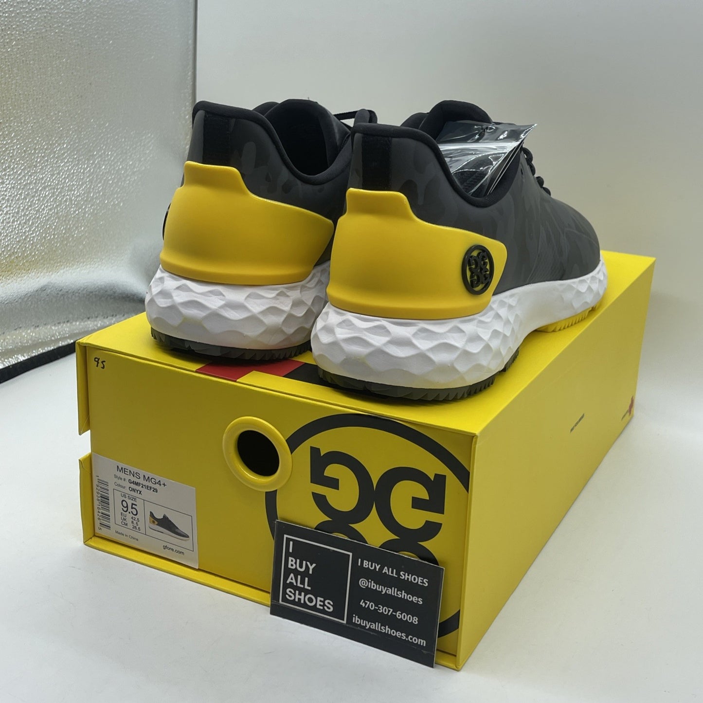 Size 9.5 - G/FORE G4 MG4+ Onyx Camo Golf Shoes Yellow Black Leather (G4MF21EF29)