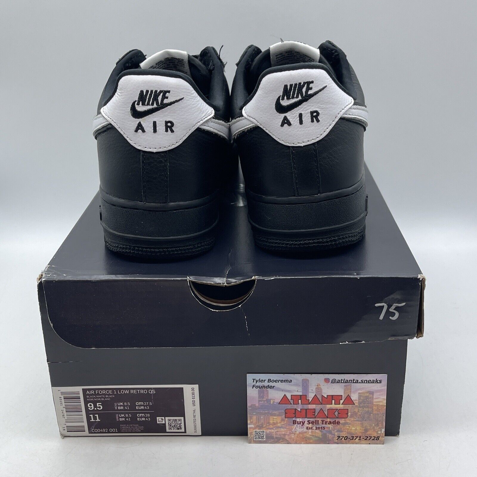 Size 9.5 - Nike Air Force 1 Retro QS Low Black White Leather (CQ0492-001)