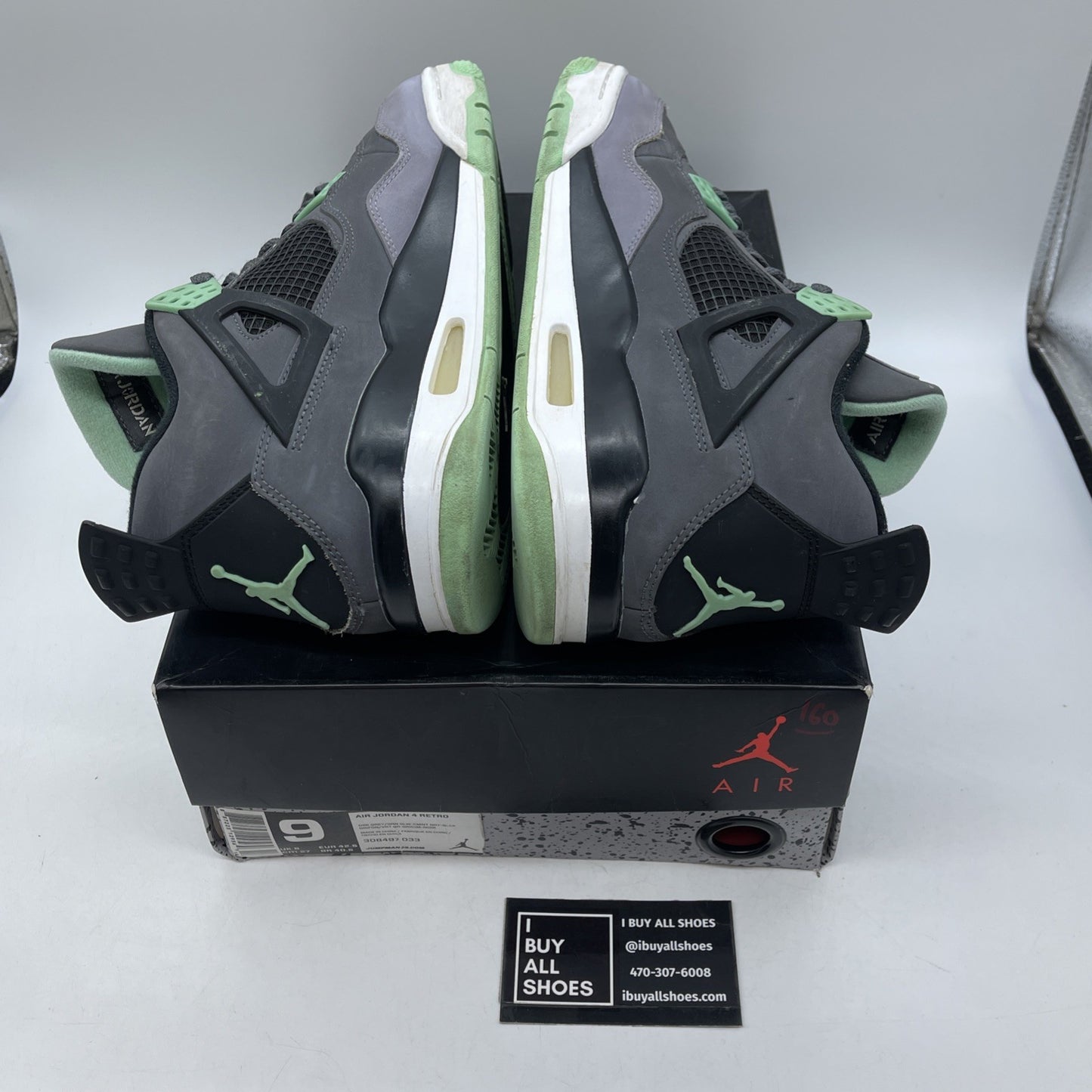 Size 9 - Jordan 4 Retro Green Glow Grey White Black Suede (308497-033)