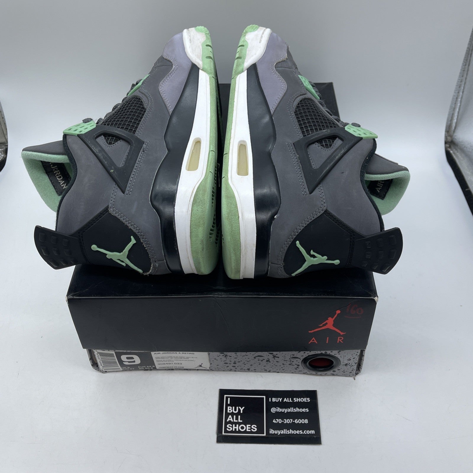 Size 9 - Jordan 4 Retro Green Glow Grey White Black Suede (308497-033)