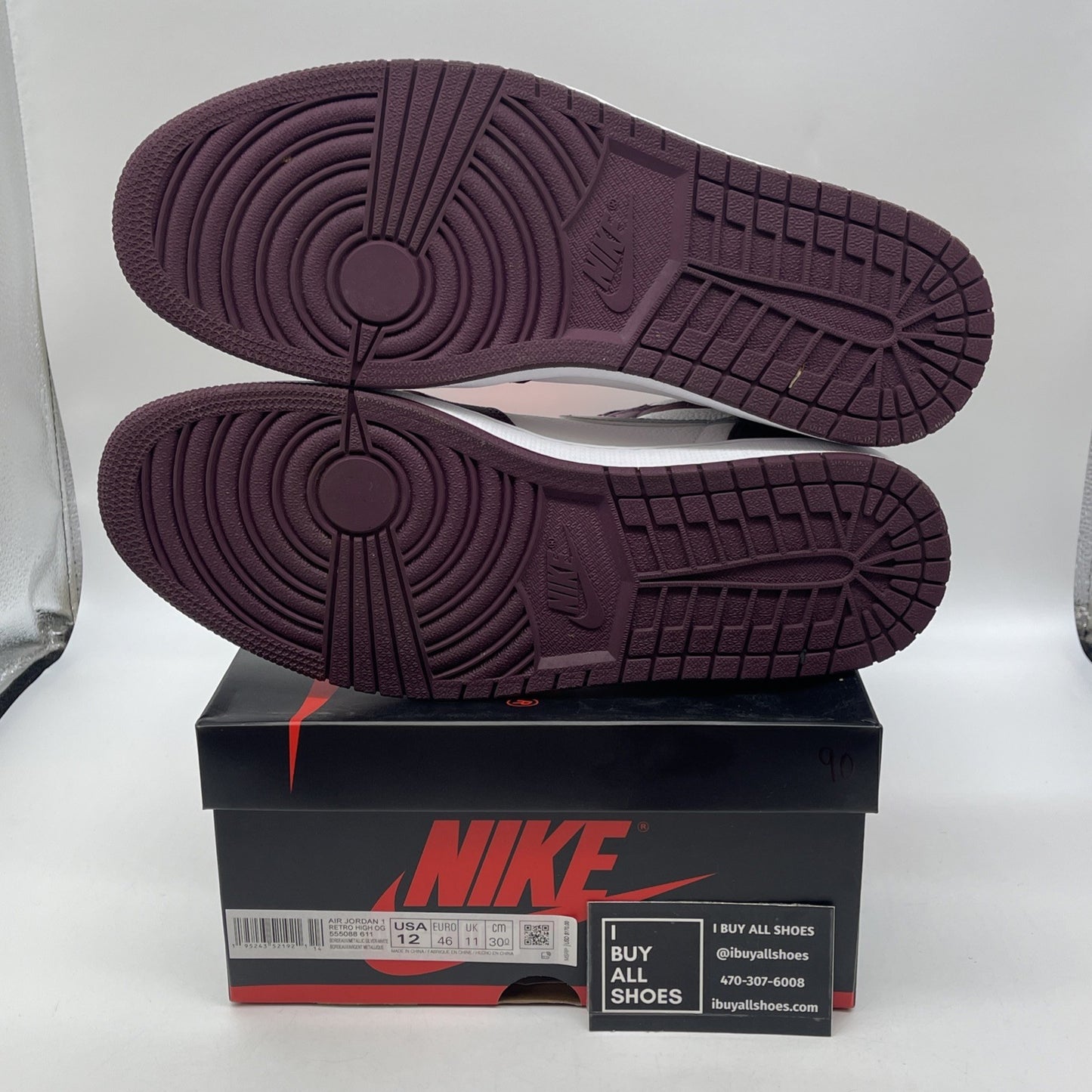 Size 12 - Jordan 1 Retro High OG Bordeaux Silver White Leather (555088-611)