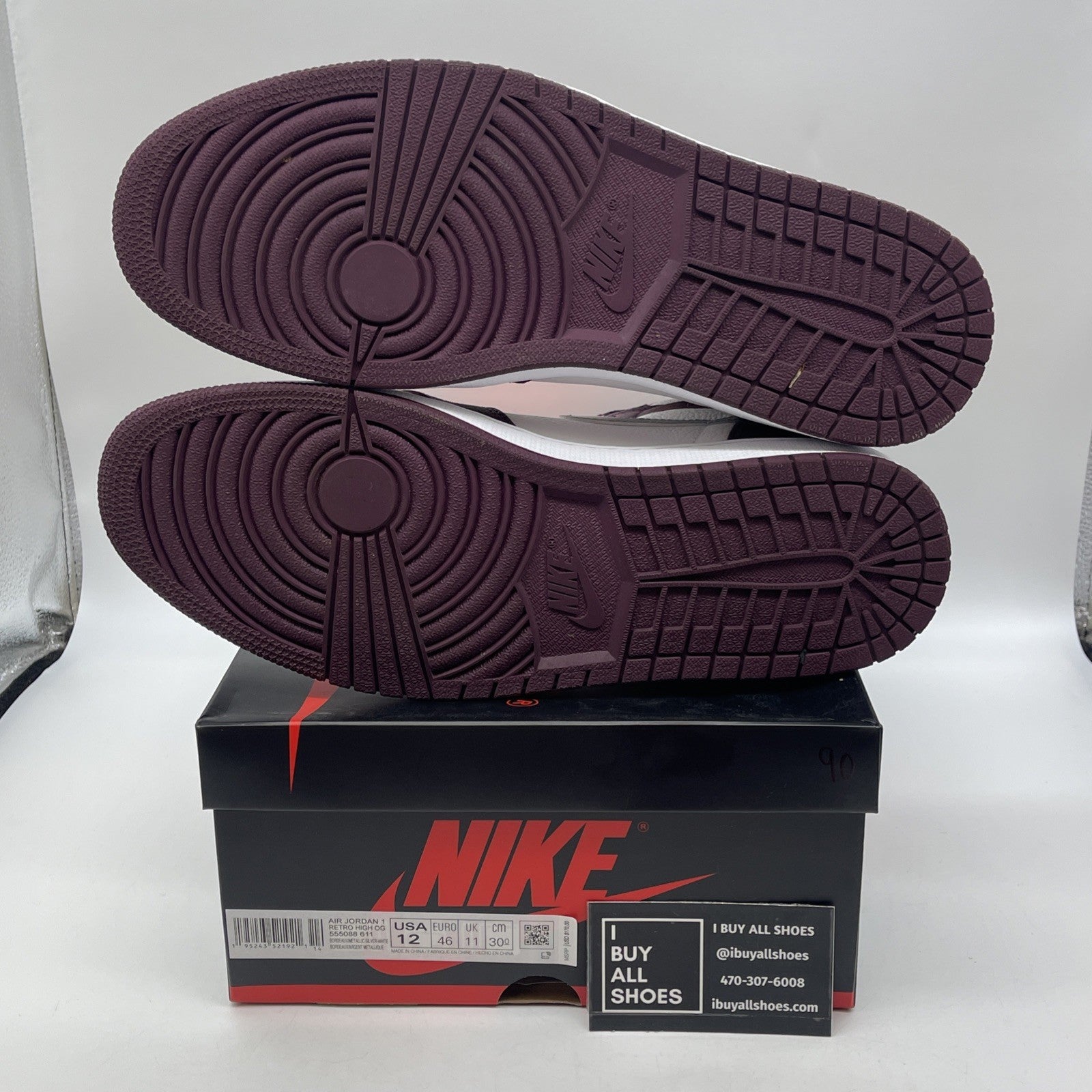 Size 12 - Jordan 1 Retro High OG Bordeaux Silver White Leather (555088-611)