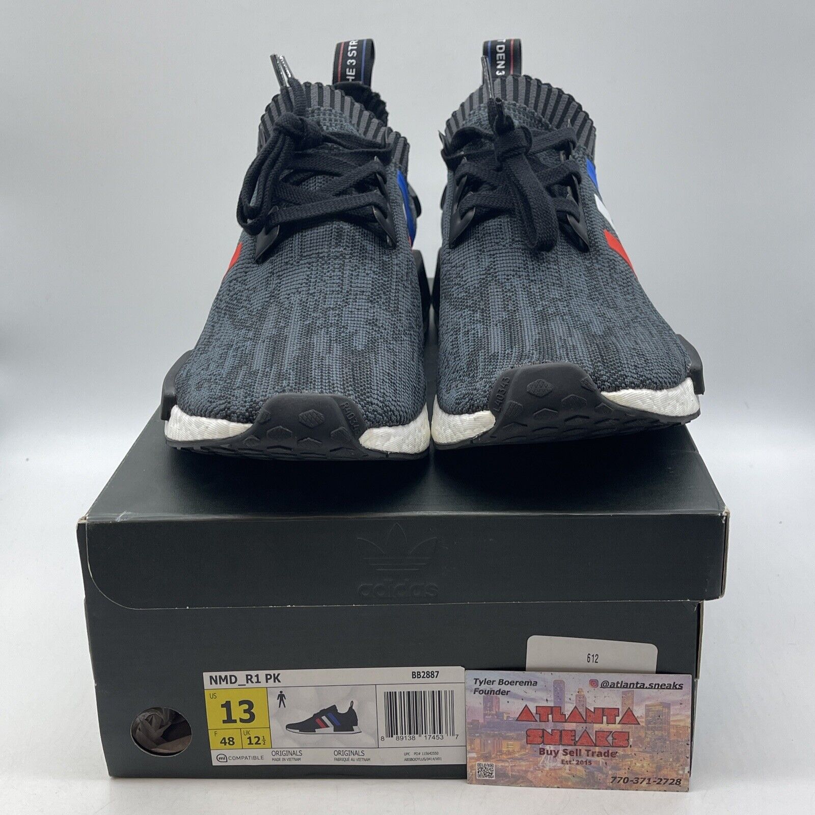 Size 13 - adidas NMD_R1 Primeknit Tri Color Black Blue Suede Leather (BB2887)