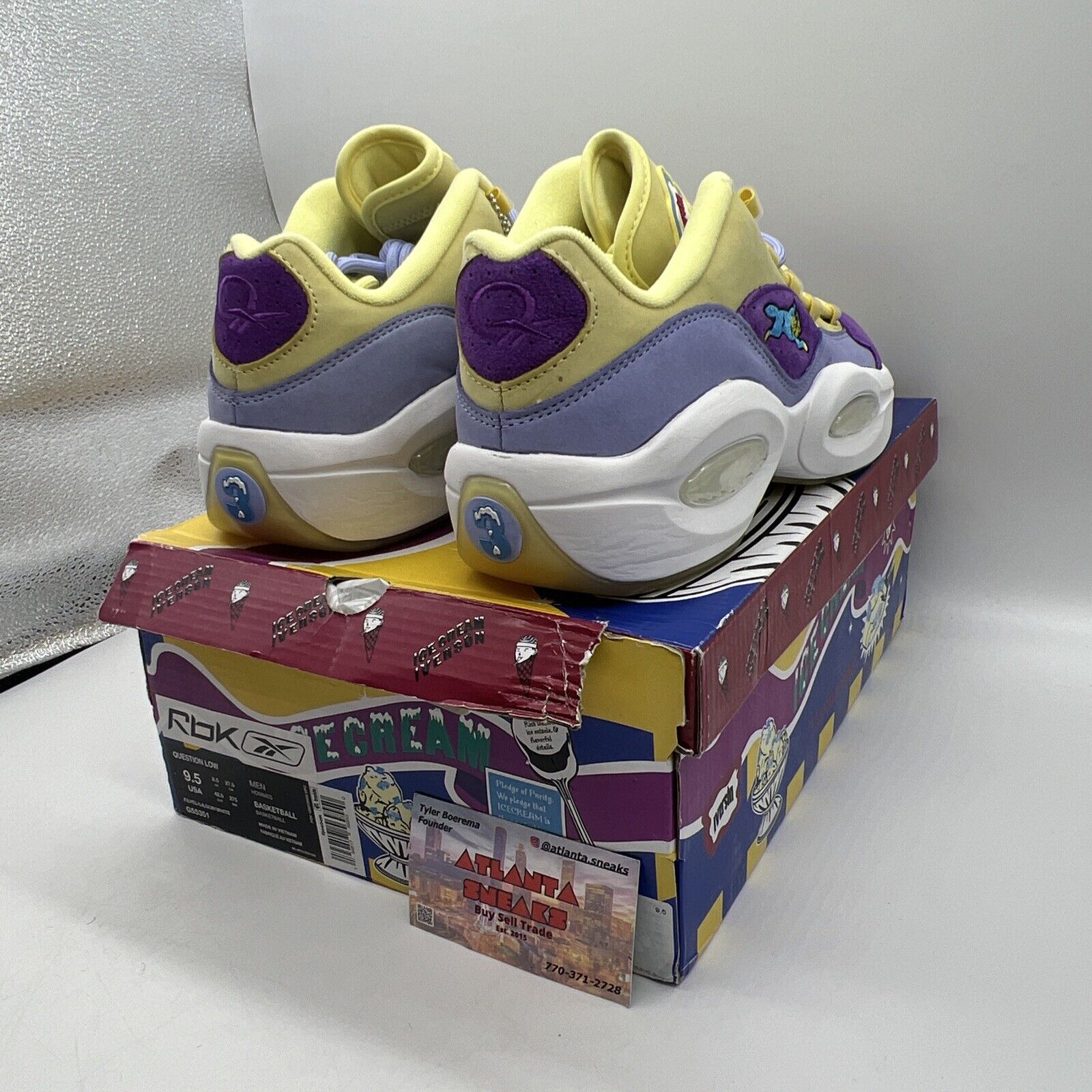 Size 9.5 - Reebok Question Low x BBC Ice Cream Yellow Lilac Glow 2020 - G55351