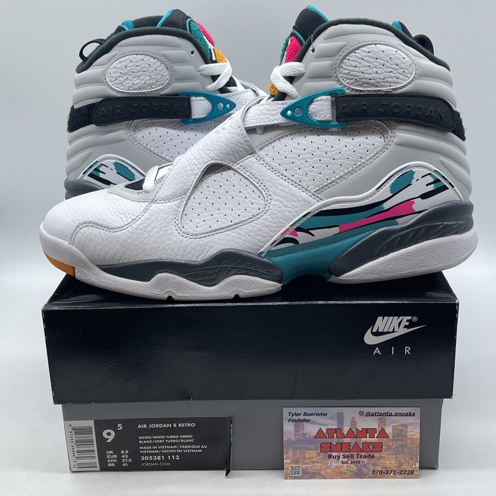 Size 9.5 - Air Jordan 8 Retro South Beach White Black Blue Leather (305381-113)