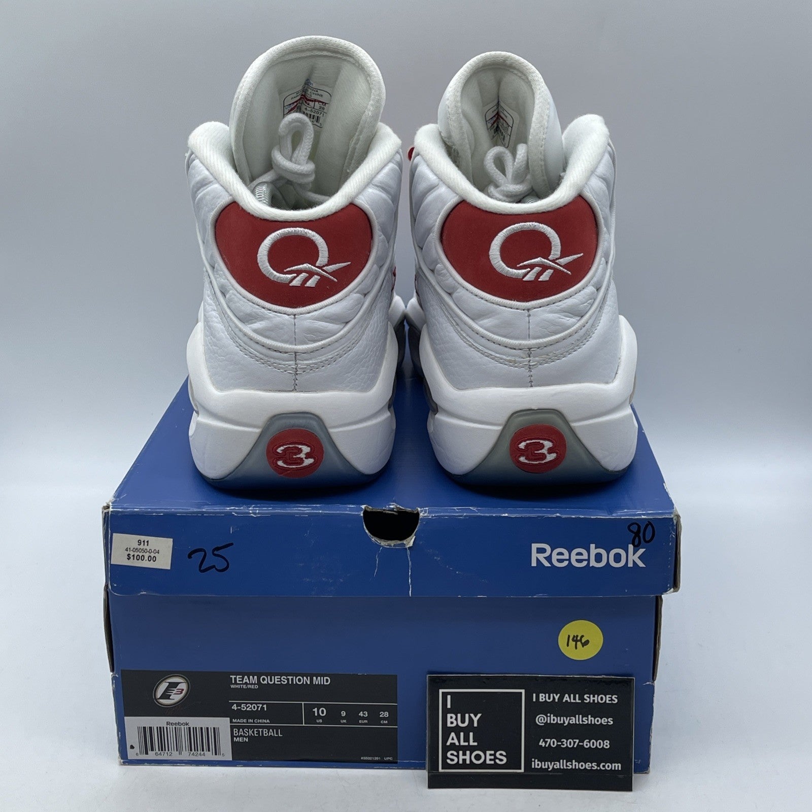 Size 10 - Reebok Question Mid White Red Leather Suede (4-52071)