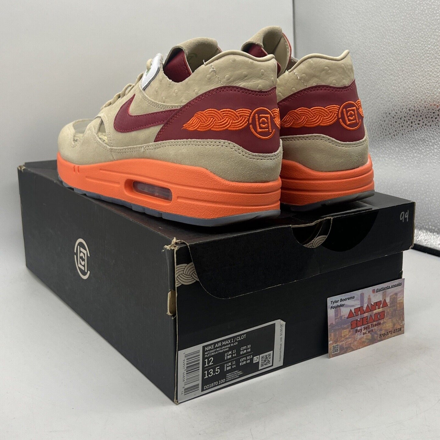 Size 12 - Nike CLOT x Air Max 1 2021 Kiss of Death Orange Red Suede (DD1870-100)