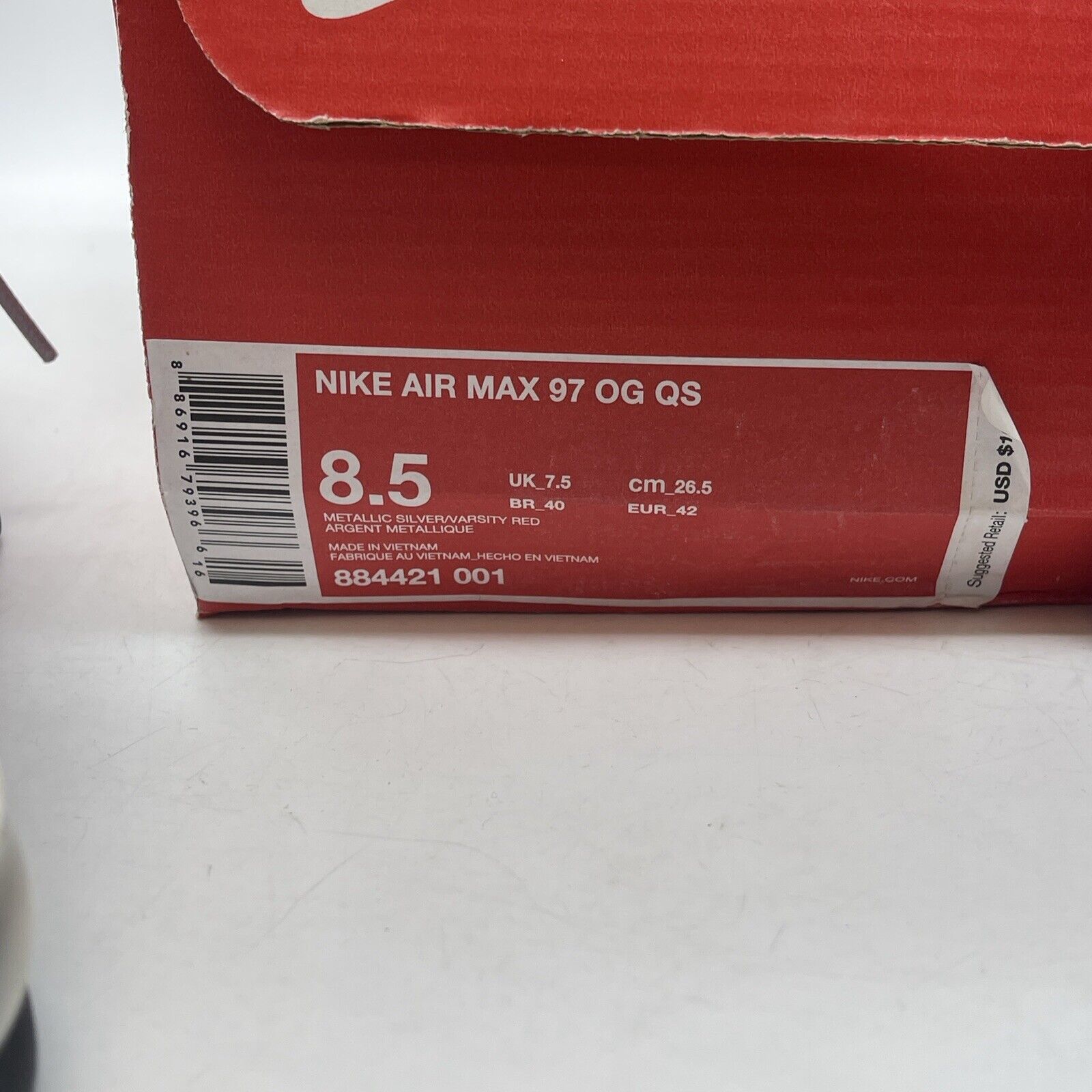 Size 8.5 - Nike Air Max 97 OG QS 2017 Silver Bullet White Red Suede (884421-001)