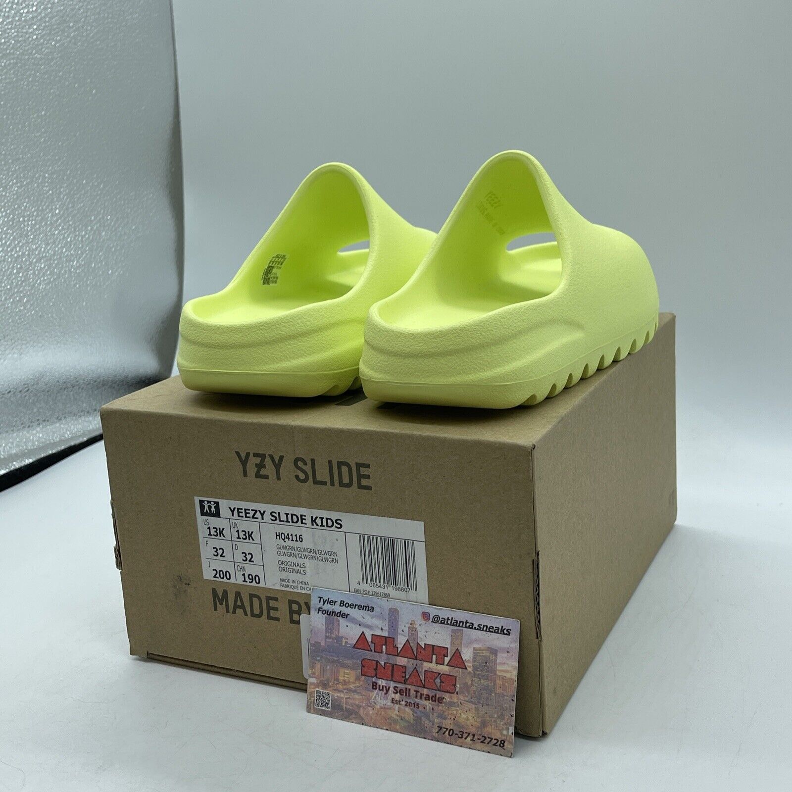 Size 13K - Kids Adidas Yeezy Slides Glow Green Rubber (HQ4116)