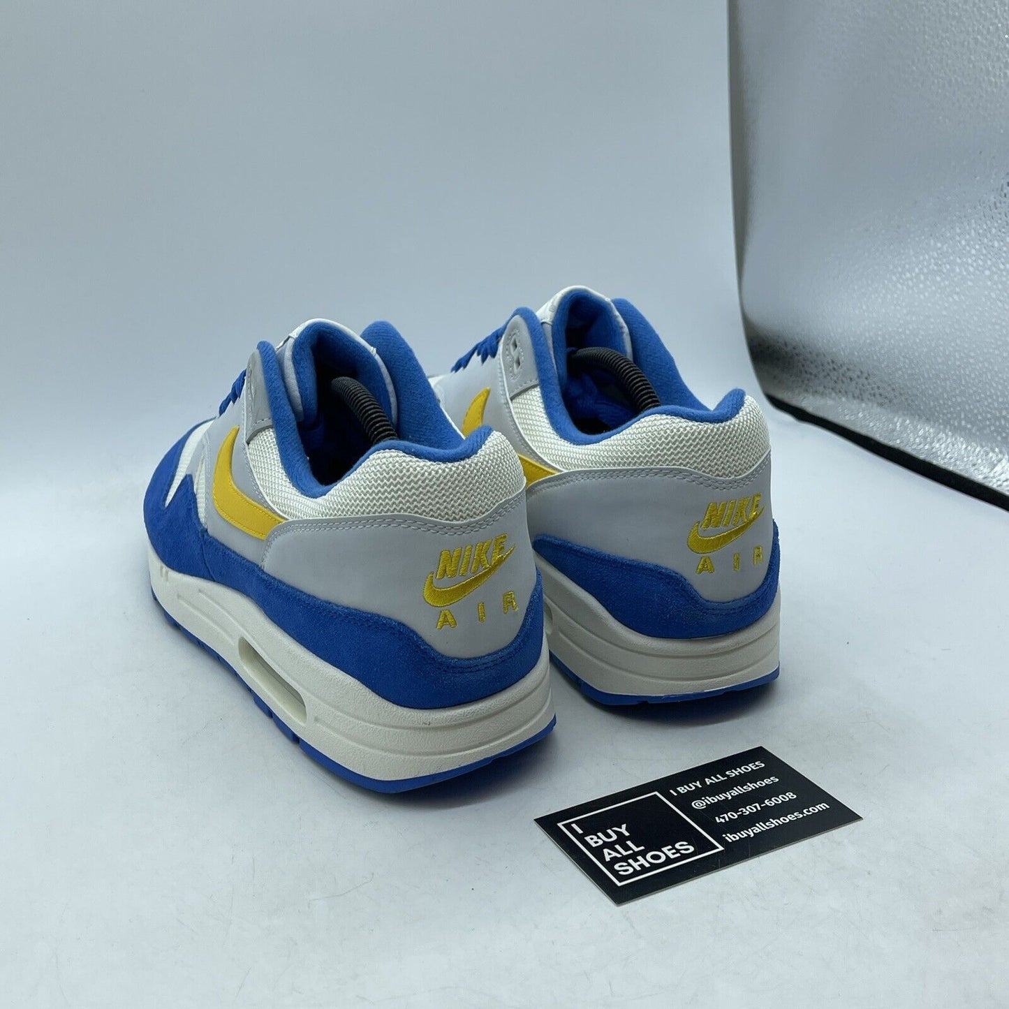 Size 11.5 - Nike Air Max 1 Signal Blue White Suede Yellow Grey (AH8145-108)