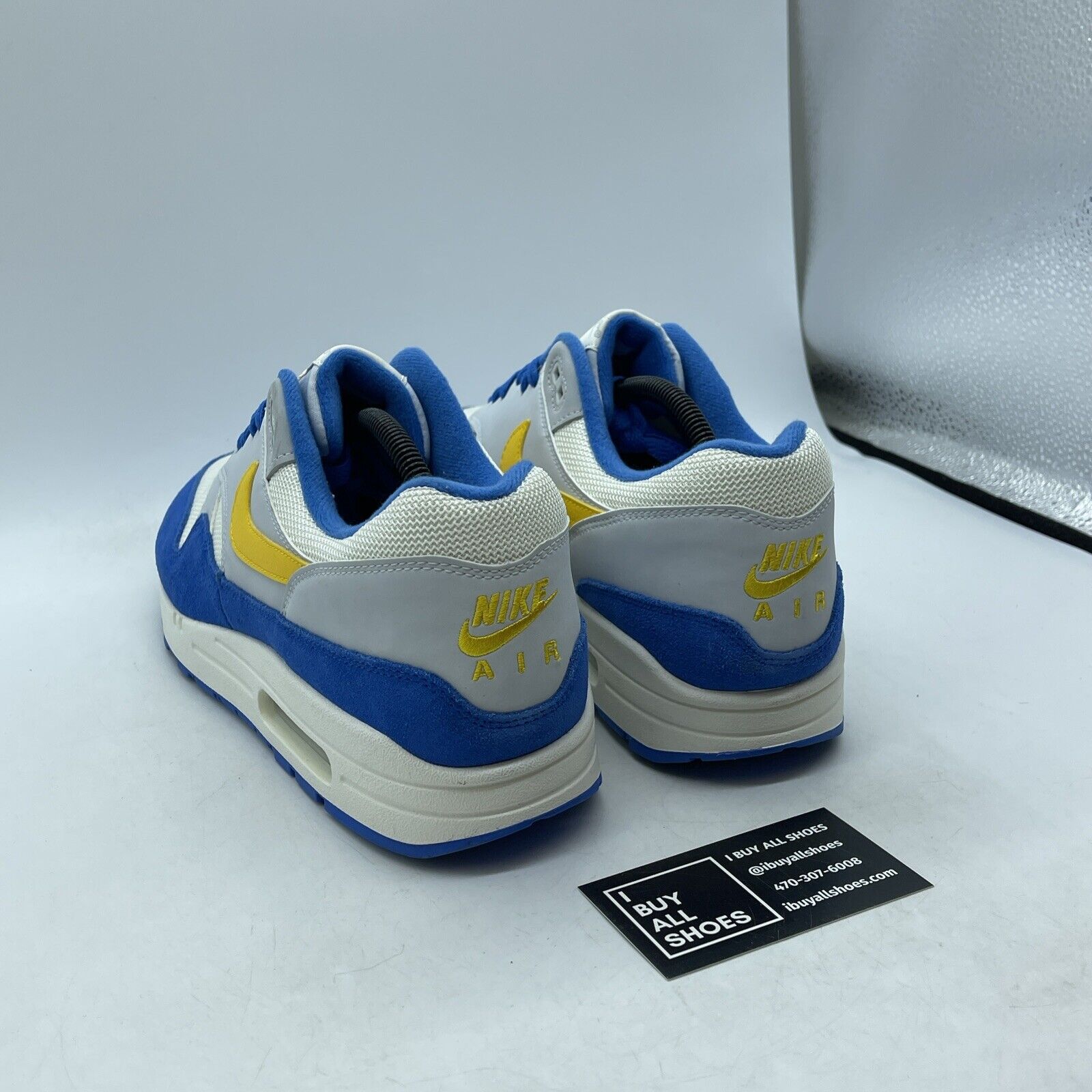 Size 11.5 - Nike Air Max 1 Signal Blue White Suede Yellow Grey (AH8145-108)