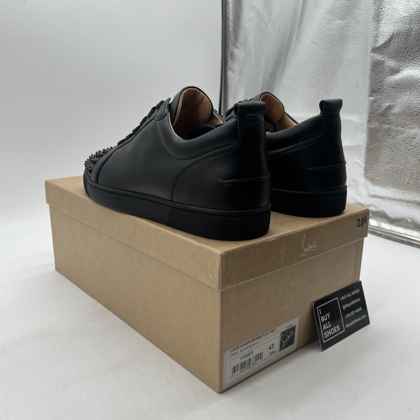 Size 43 -Christian Louboutin Black Leather Louis Junior Spikes Low Top Sneakers