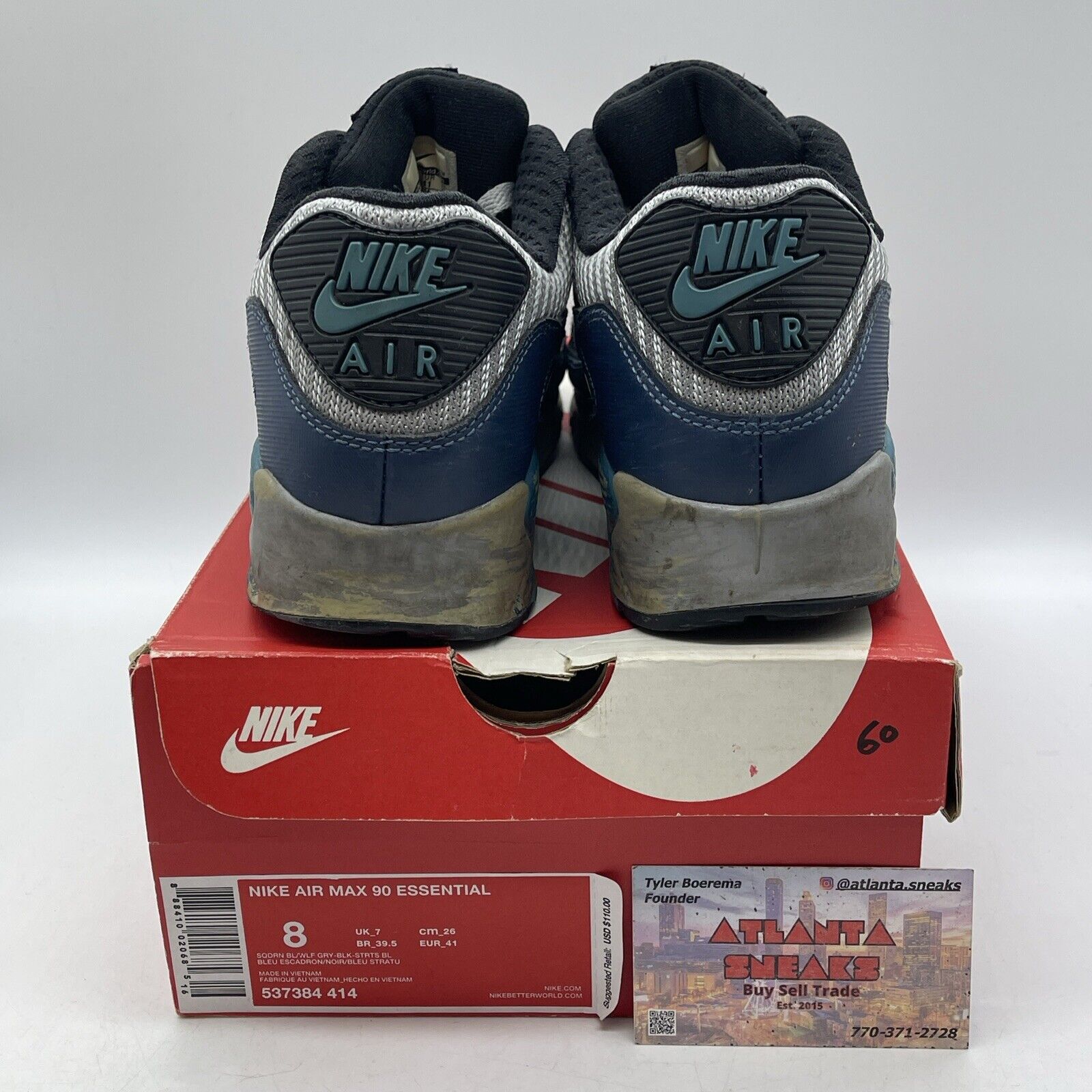 Size 8 - Nike Air Max 90 Essential Blue Grey Black Suede Leather (537384-414)