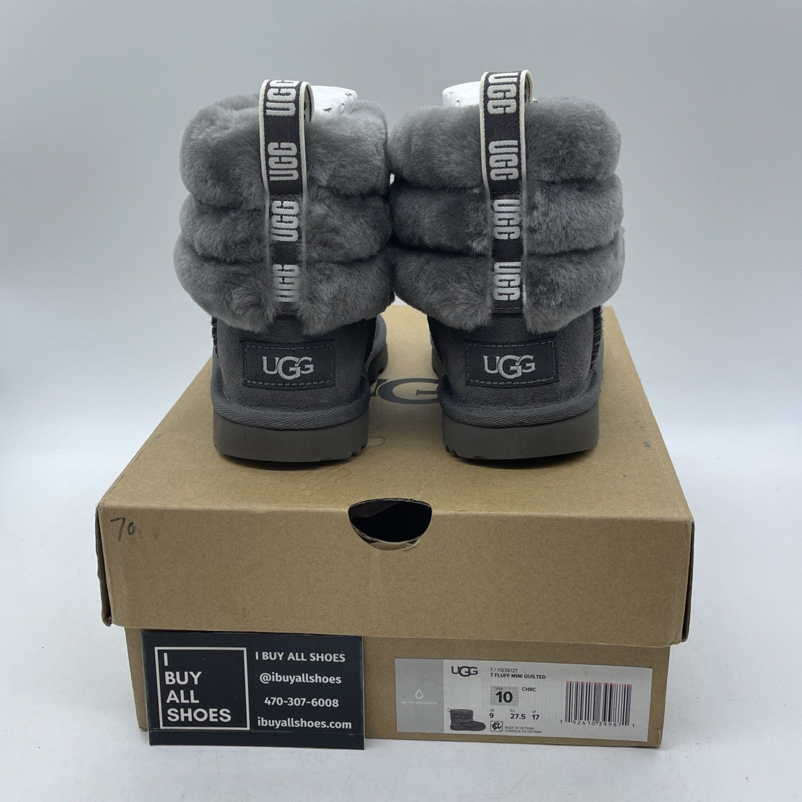 Size 10 - Ugg Girls Toddler FLUFF MINI QUILTED boots Charcoal (1103612T)