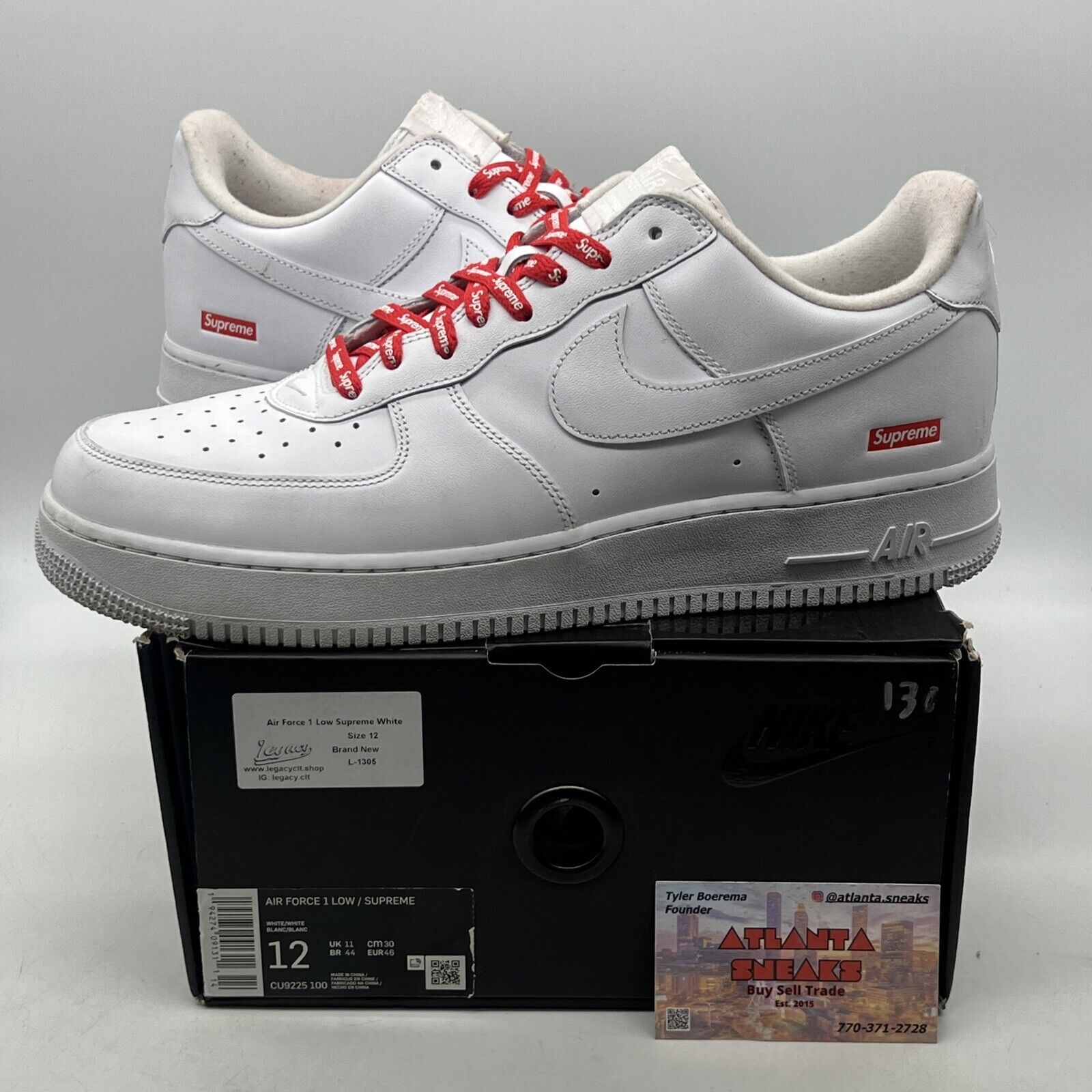 Size 12 - Nike Air Force 1 x Supreme Low Box Logo - White Red Leather CU9225-100