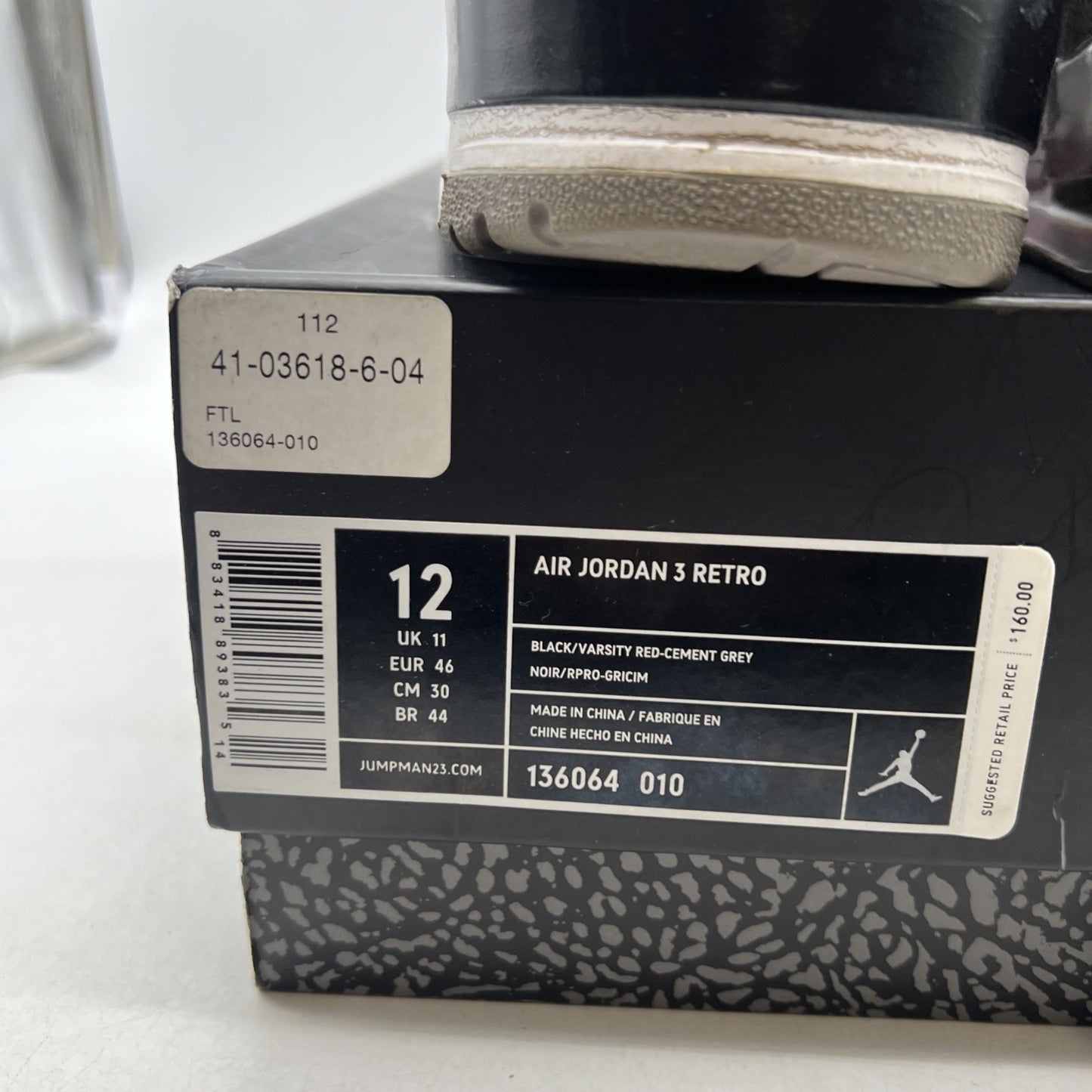 Size 12 - Air Jordan 3 Black Cement Retro release 2011 (136064-010)
