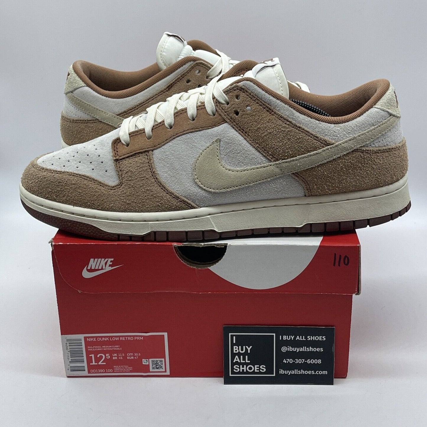 Size 12.5 - Nike Dunk Low Premium Medium Curry White Brown Suede (DD1390-100)